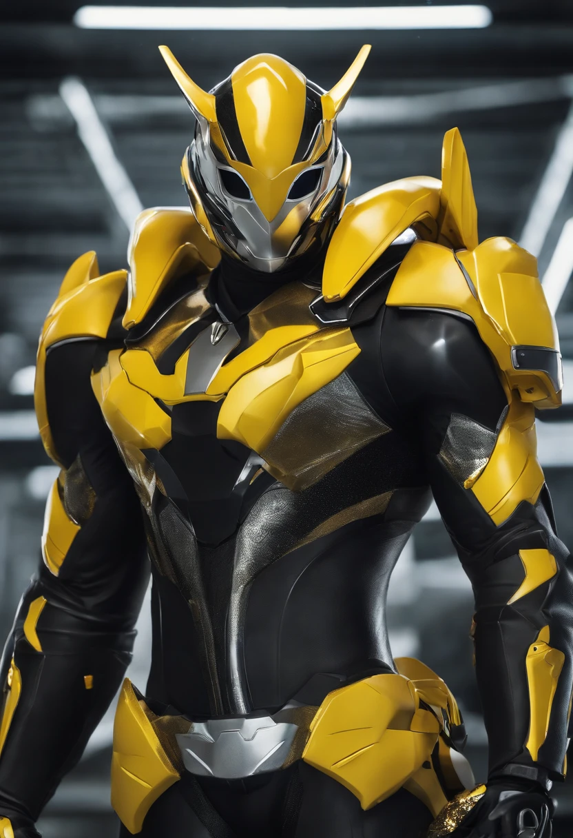 Transformation Hero,Cow motif,Image colorsYellow and black,Sentai Hero,Kamen Rider,Biological suit,Muscular decoration,Hero Suit,An 18-year-old man,The image is a rock,Shining yellow light on space background,Delicately drawn live-action wallpaper