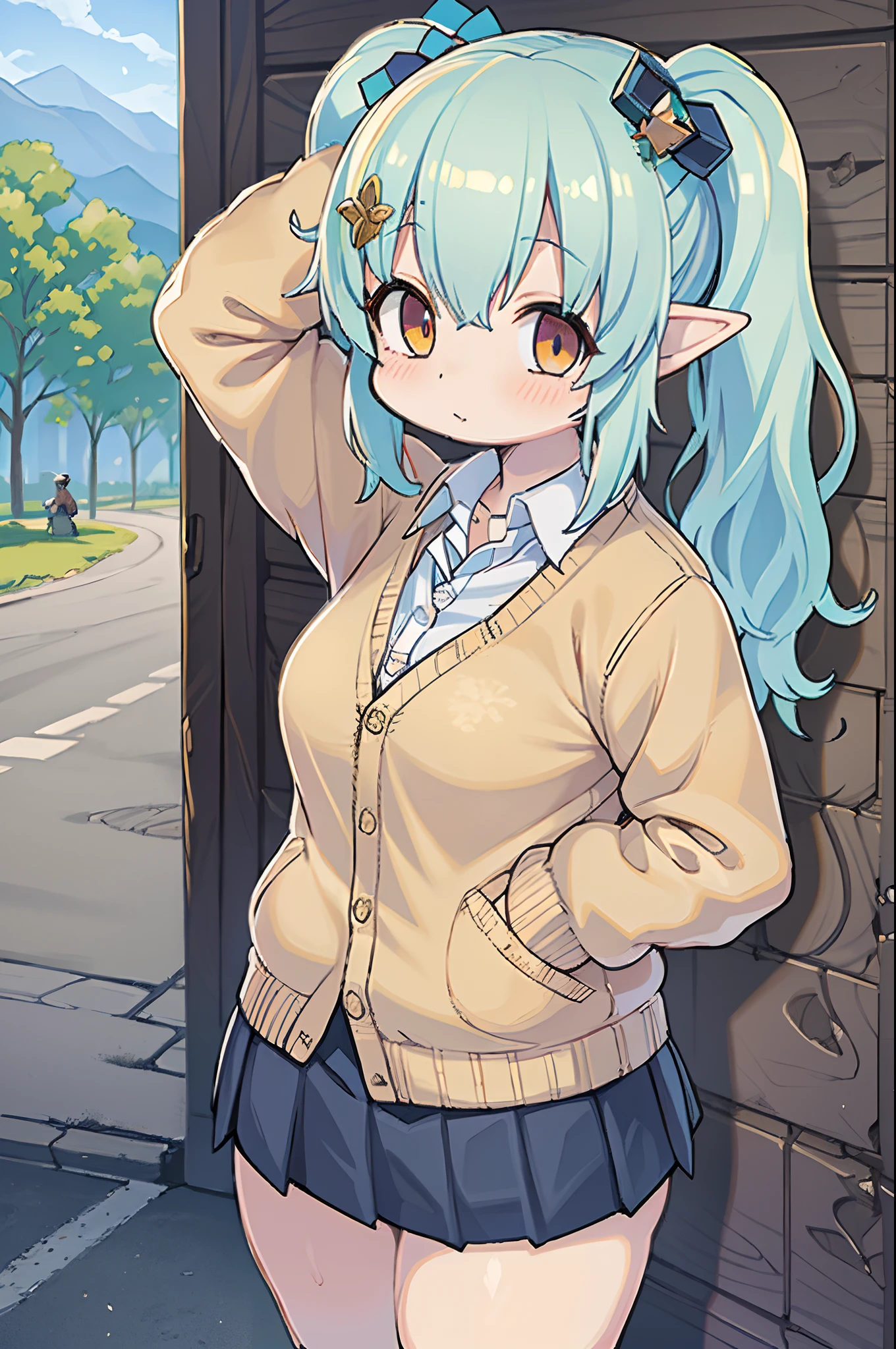 masutepiece , Best Quality,Nahida(GenshinImpact) ,1girl in , tiny chest,Long hair ,Side Ponytail, Hair Ornament , White hair , Green hair , hand behind head:1.5,multicolored hair, elf , pointy ear , School uniform , Skirt ,Cardigan,mountain road , Street,looking at the viewers