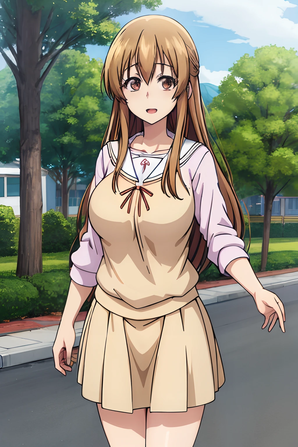 best quality, (masterpiece:1.2), highly detailed, street,
1girl,  kotegawa nanaka,
looking at viewer, slight smile, open mouth,
brown eyes, brown hair, long hair, black shirt, elbow sleeves, pink skirt, miniskirt, (huge tits)