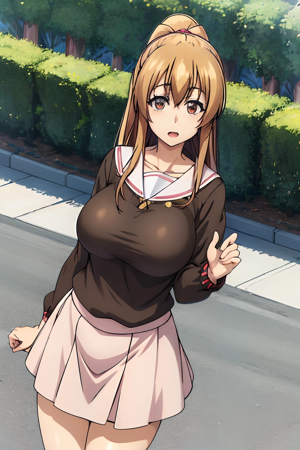 (Huge tits), (nude), (nipples), (pussy), best quality, (masterpiece:1.2), highly detailed, street, 1girl, kotegawa nanaka, looking at viewer, slight smile, open mouth, brown eyes, brown hair, cleavage, long hair,