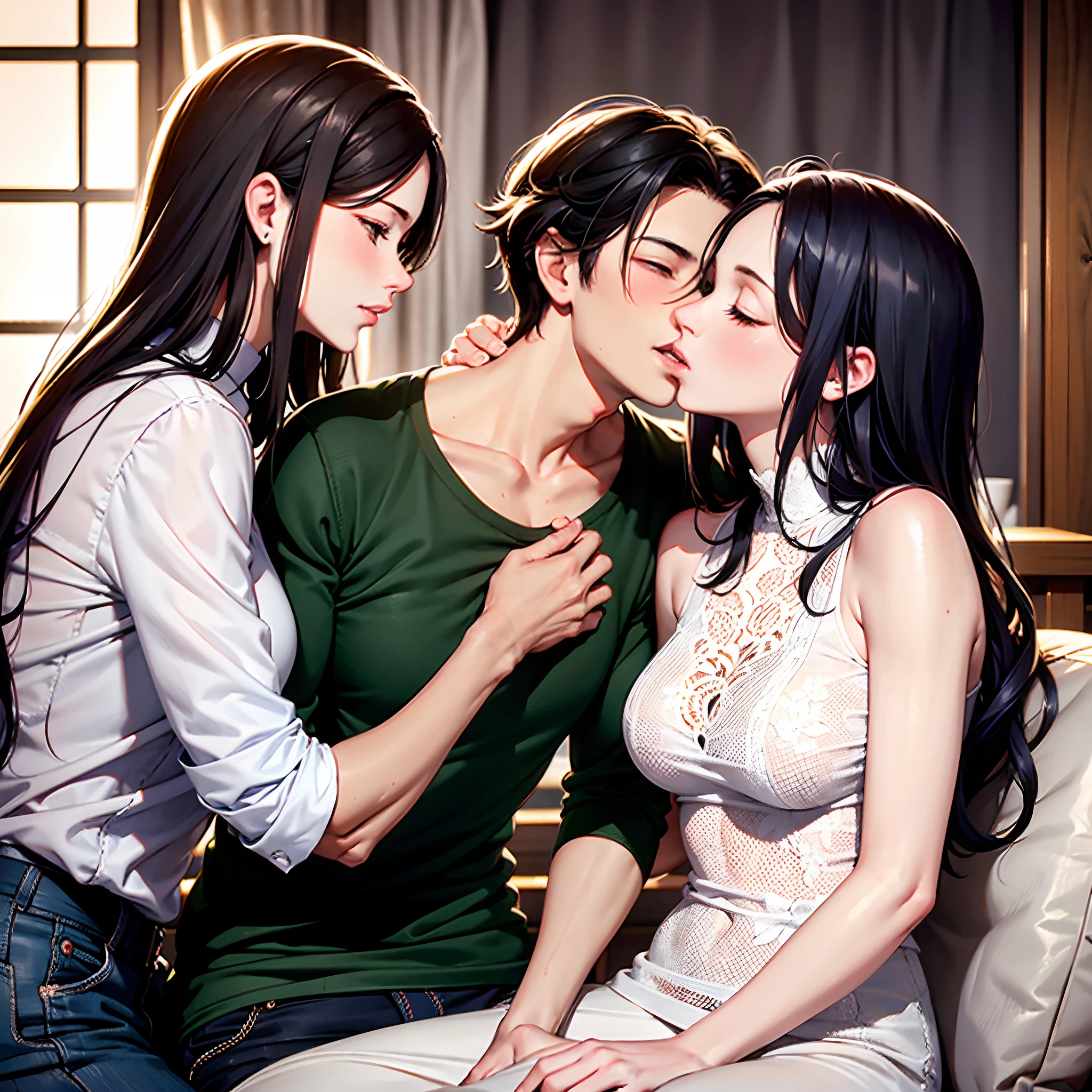 The first mature mother on the left embraces, kisses and caresses her son in the middle of the picture，The son in the middle of the picture is embraced, kissed and caressed by the mature mother on his right，There are only three people in the whole picture