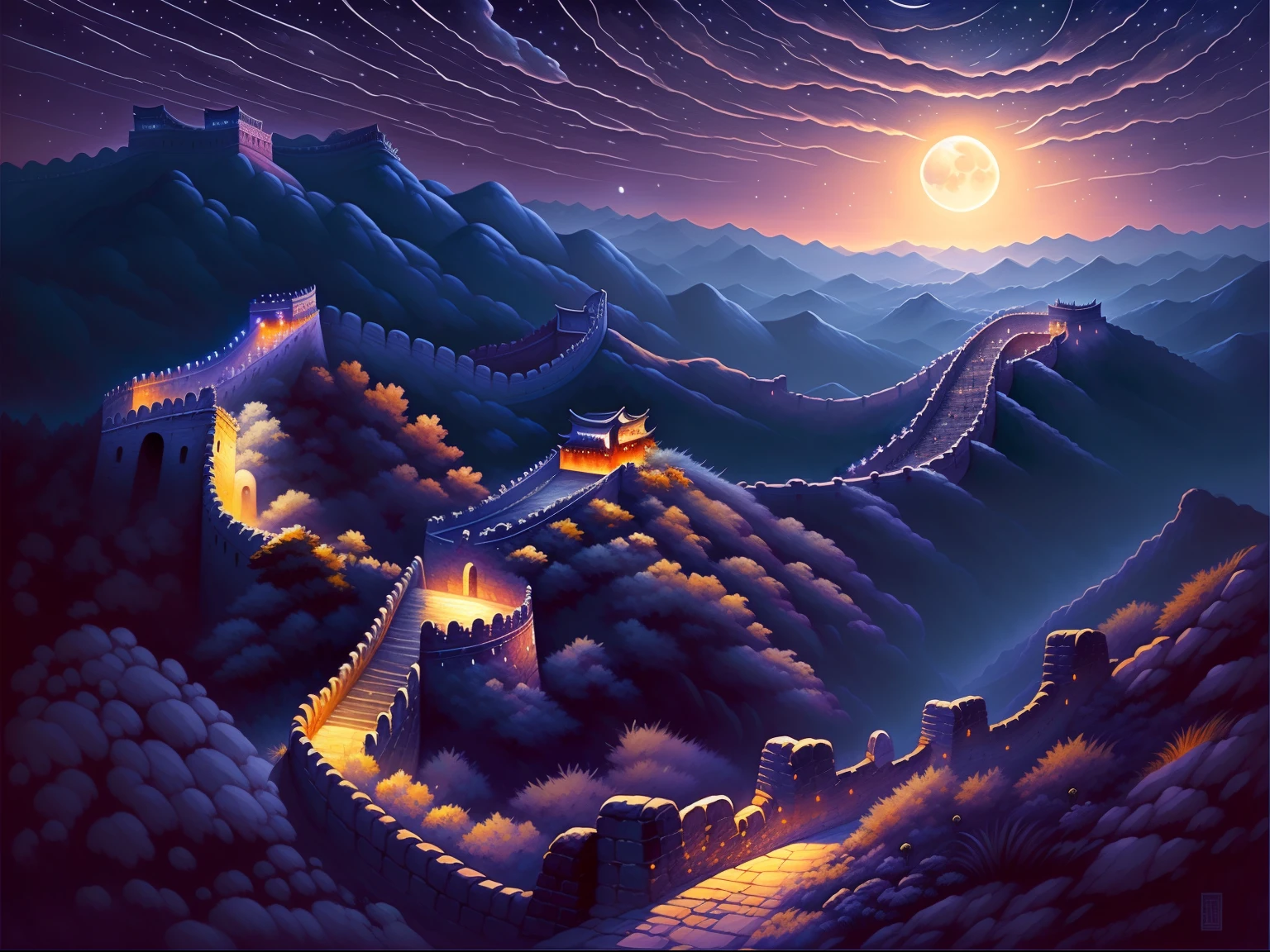 A beautiful painting of the Great Wall of China, Soft moonlight in the night sky, In the magnificent John Howe landscape, Backlight, fantasy, k hd, greg rutkovsky, art  stations, illusory engine, Light effect, Lupu fairy tales