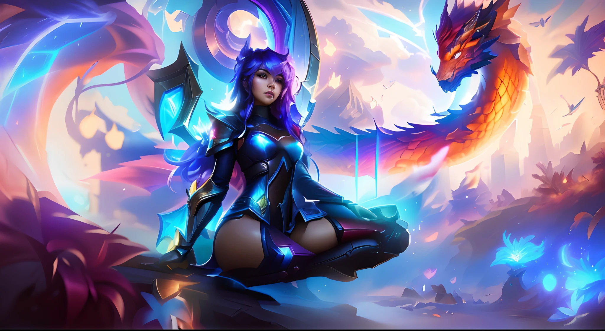 Anime girl sitting on a rock with a dragon in the background, Irelia, Irelia de League of Legends, Ahri, Samira de League of Legends, League of Legends arte splash, Arte de League of Legends, Arte conceitual de League of Legends, Retrato de Ahri, Serafim Ahri KDA, Arte do personagem de League of Legends, de League of Legends