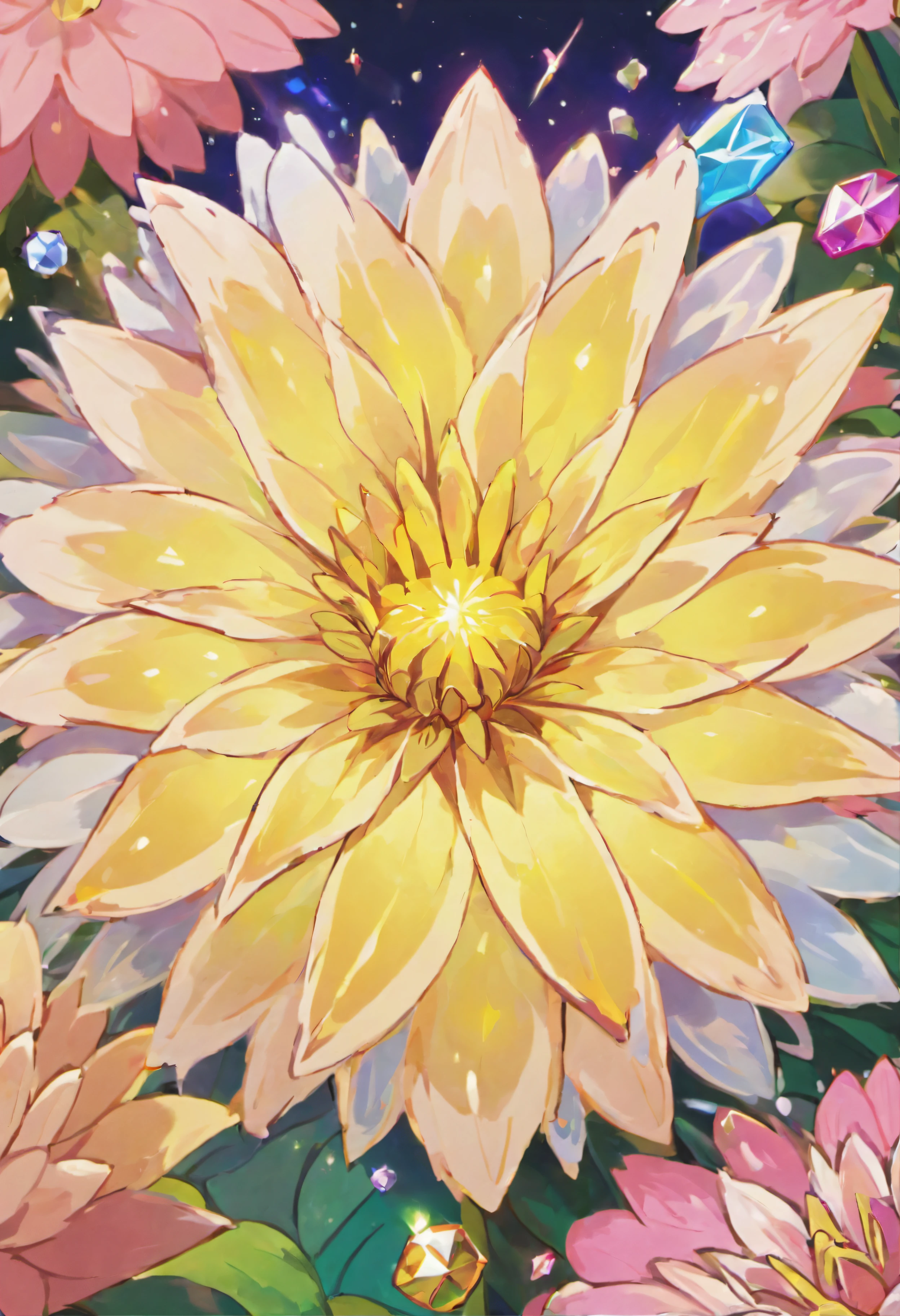 Digital art detailed for the best masterpieces, Highest Quality, Brilliant delicate yellow and pink dahlia flowers with elegant leaves１Only with、Against the background of multicolored diamonds, Graceful stems, And delicate, And elegant, flowey, Glittering petals, flowercore, surrounded flower, Radiant magic representing flowers, Beautiful animations, 16k race bright flowers, Beautiful Art U Hard Disk 4k, Detailed Painting in 4K, Beautiful flowers and crystals, Luminous flowers, huge flower, light bloom, full bloom, Glowing flowers with bloom ether effect, Magic colorful flowers with flower pieces in the middle of the garden, floral environment, Beautiful Art U Hard Disk 4k, magical flowers, Flower explosion, Beautiful digital painting detailed in emergency digital photography, Detailed Painting in 4K, background artwork, Flower explosion, Floral flower color, highly-detailed digital painting, Appeared in 4K, Best Quality, hight resolution, 1080p, hard disk, 4K, 8K