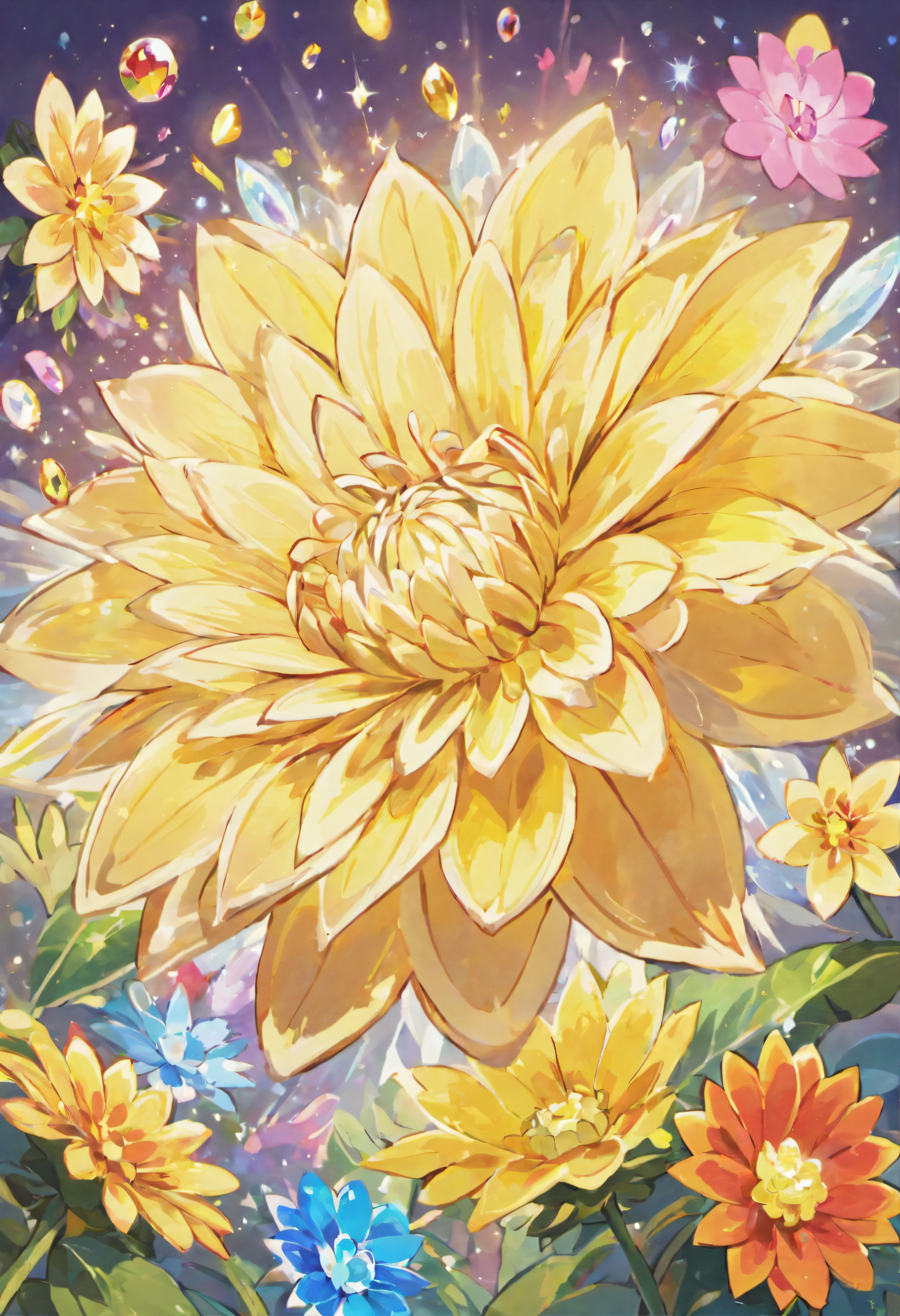 Digital art detailed for the best masterpieces, Highest Quality, Brilliant delicate yellow and pink dahlia flowers with elegant leaves１Only with、Against the background of multicolored diamonds, Graceful stems, And delicate, And elegant, flowey, Glittering petals, flowercore, surrounded flower, Radiant magic representing flowers, Beautiful animations, 16k race bright flowers, Beautiful Art U Hard Disk 4k, Detailed Painting in 4K, Beautiful flowers and crystals, Luminous flowers, huge flower, light bloom, full bloom, Glowing flowers with bloom ether effect, Magic colorful flowers with flower pieces in the middle of the garden, floral environment, Beautiful Art U Hard Disk 4k, magical flowers, Flower explosion, Beautiful digital painting detailed in emergency digital photography, Detailed Painting in 4K, background artwork, Flower explosion, Floral flower color, highly-detailed digital painting, Appeared in 4K, Best Quality, hight resolution, 1080p, hard disk, 4K, 8K