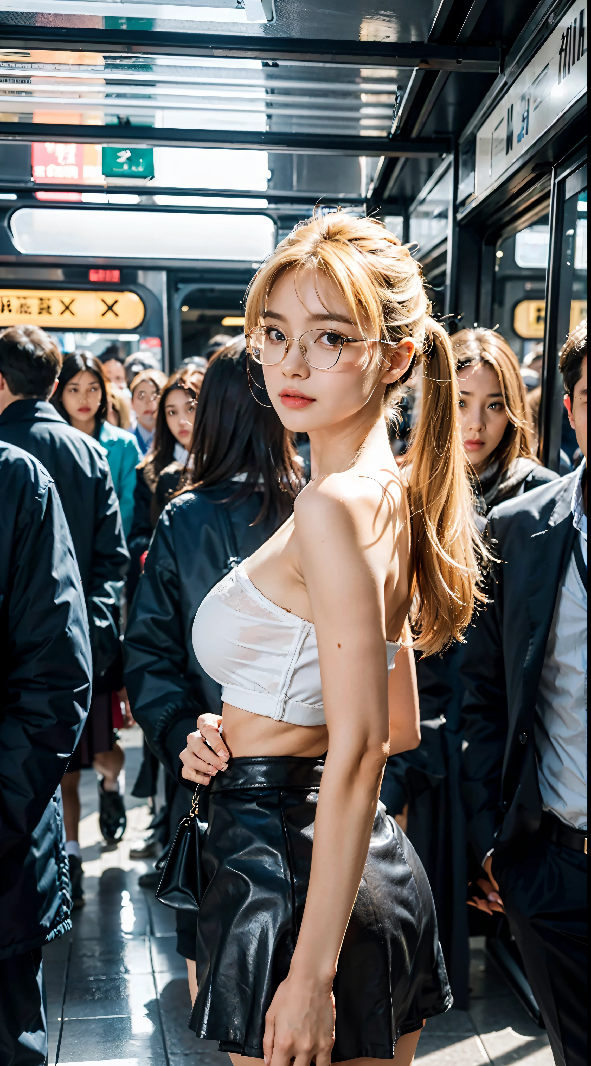 Masterpiece, Top quality, high resolution,
1womanl, a matural female:1.5, (Medium hair, blond hairbl), pony tails, Beautiful face, beautiful detailed brown eyes,
Beautiful body, Large breasts:0.7, beautiful boobs, beautiful thigh,
pleatedskirt, miniskirt
Nice half-breed girl,Crowded carriages,People crowd people,People huddled together,The person behind him grabbed the hem of the skirt with one hand,The train is crowded,The man behind him grabbed the hem of the skirt,Bandeau,Reveal a little,Wearing glasses