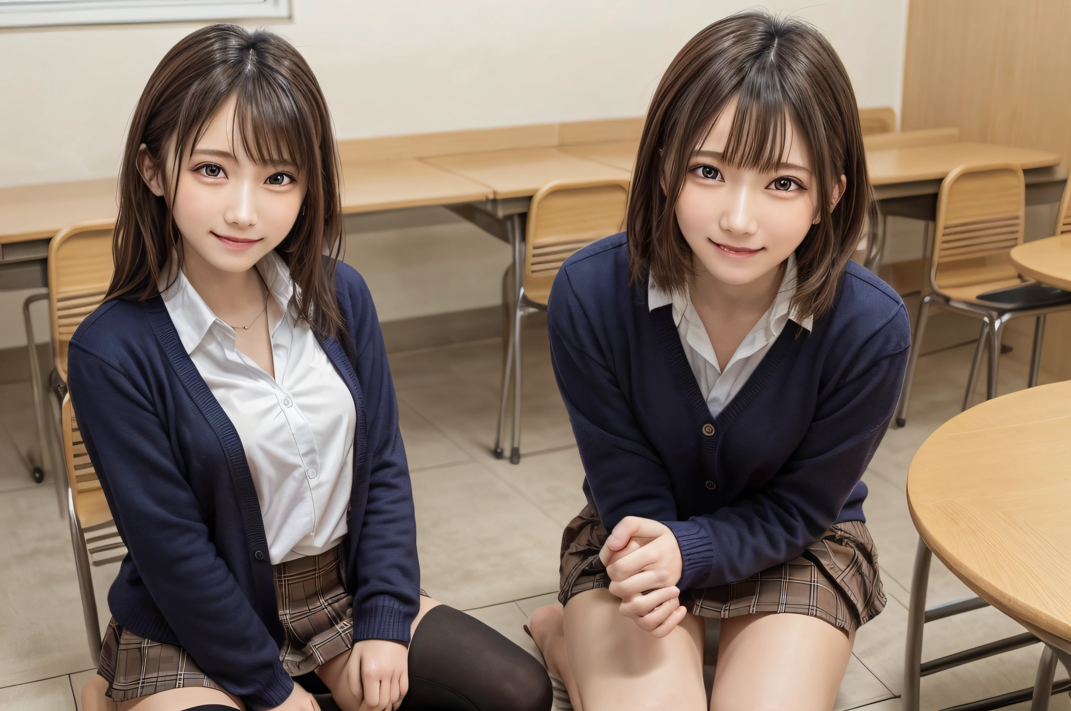 1４Year old woman、soio、brown haired、beautidful eyes、real looking skin、A detailed eye、hi-school girl、(8K、​masterpiece)、(reallistic、Photorealsitic)、top-quality、realisitic、ighly detailed、The ultra-detailliert、Beautie、cute little、独奏、japanes、a smile、Close-up portrait、Healthy face、schools、School uniform、Cardigan、plaid skirts、skirt by the