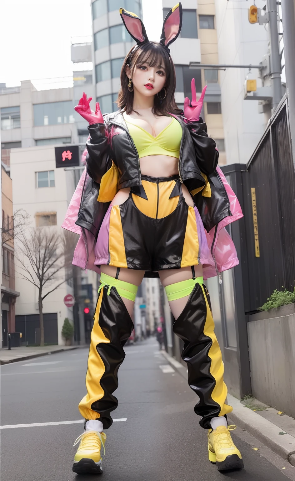 Idol in colorful bunny girl fashion、large full breasts、thick leg、Black semi-long、、Good Style、、fishnet tights、Fluorescent Yellow Bunny Suit(Leotard)、Cute look、Long Bunny Girl Year、large hips、Black jacke、Dark red gloves