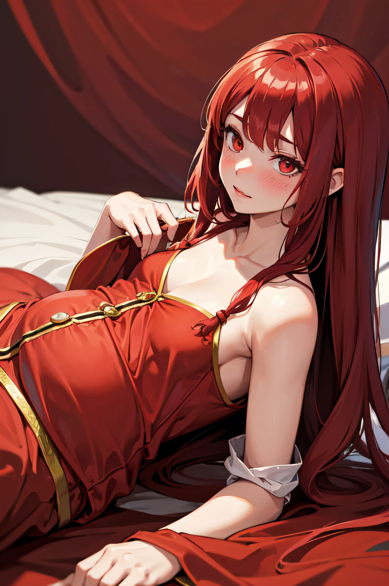 masterpiece, best quality, highres, rias gremory, 1girl, long hair, (without clothes:1.2), (naked), red hair, ahoge, blue eyes, (big naked breasts with nipples:1.2), sexy, porn, very long hair, huge ahoge, bedroom