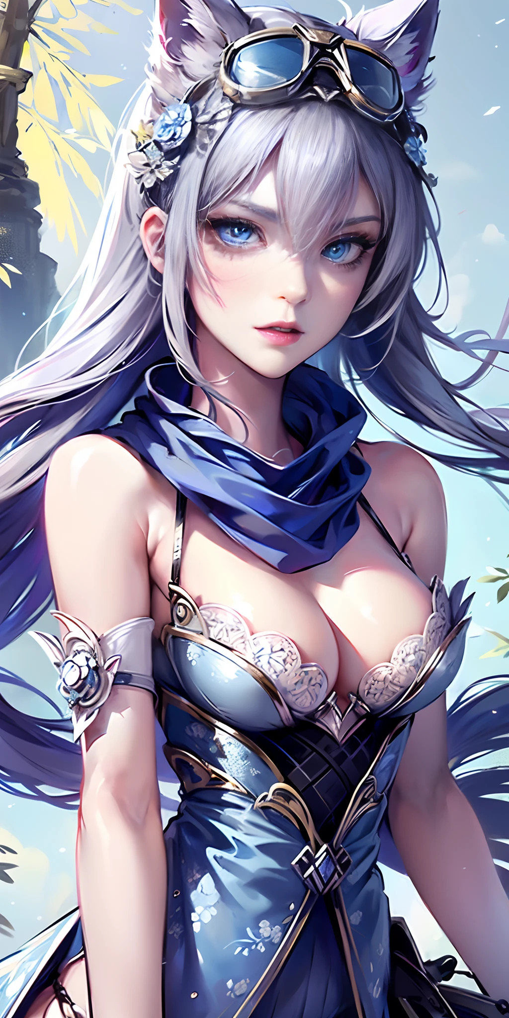 (Top resolution, Distinct_image) Best Quality, Women's masterpieces, Highly detailed, 1womanl，solo person，Half realistic, (Systemic), Silver hair, Bangs, 18 years old, Short Grey Silver Lace Skirt, (((Perfect face:1))), Sharp face, v-line jaw, (Bright blue eyes), (Exquisite facial features, Exquisite facial features), adolable, Grey Color Dolce, Silvery little cat ears, Hair that obscures the ears, (((Wearing blue lens goggles))), (Black scarf with blue floral pattern and intricate design), Large bamboo forest on background, Big galaxy in the background