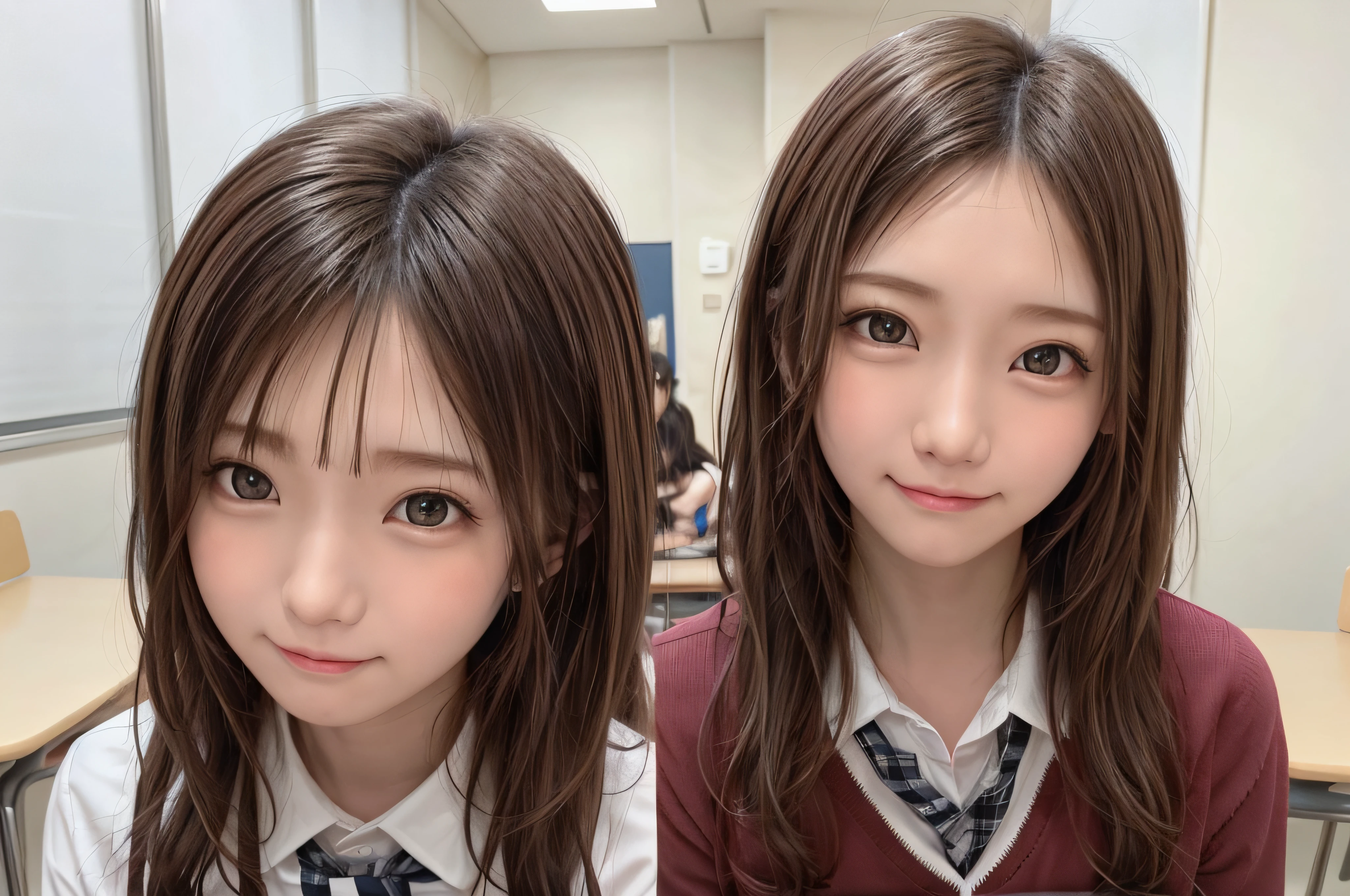 14Year old woman、soio、brown haired、beautidful eyes、real looking skin、A detailed eye、hi-school girl、(8K、masterpiece)、(reallistic、Photorealsitic)、top-quality、realisitic、ighly detailed、The ultra-detailliert、Beautie、cute little、独奏、japanes、a smile、Close-up portrait、Healthy face、schools、School uniform、Cardigan、plaid skirts、skirt by the