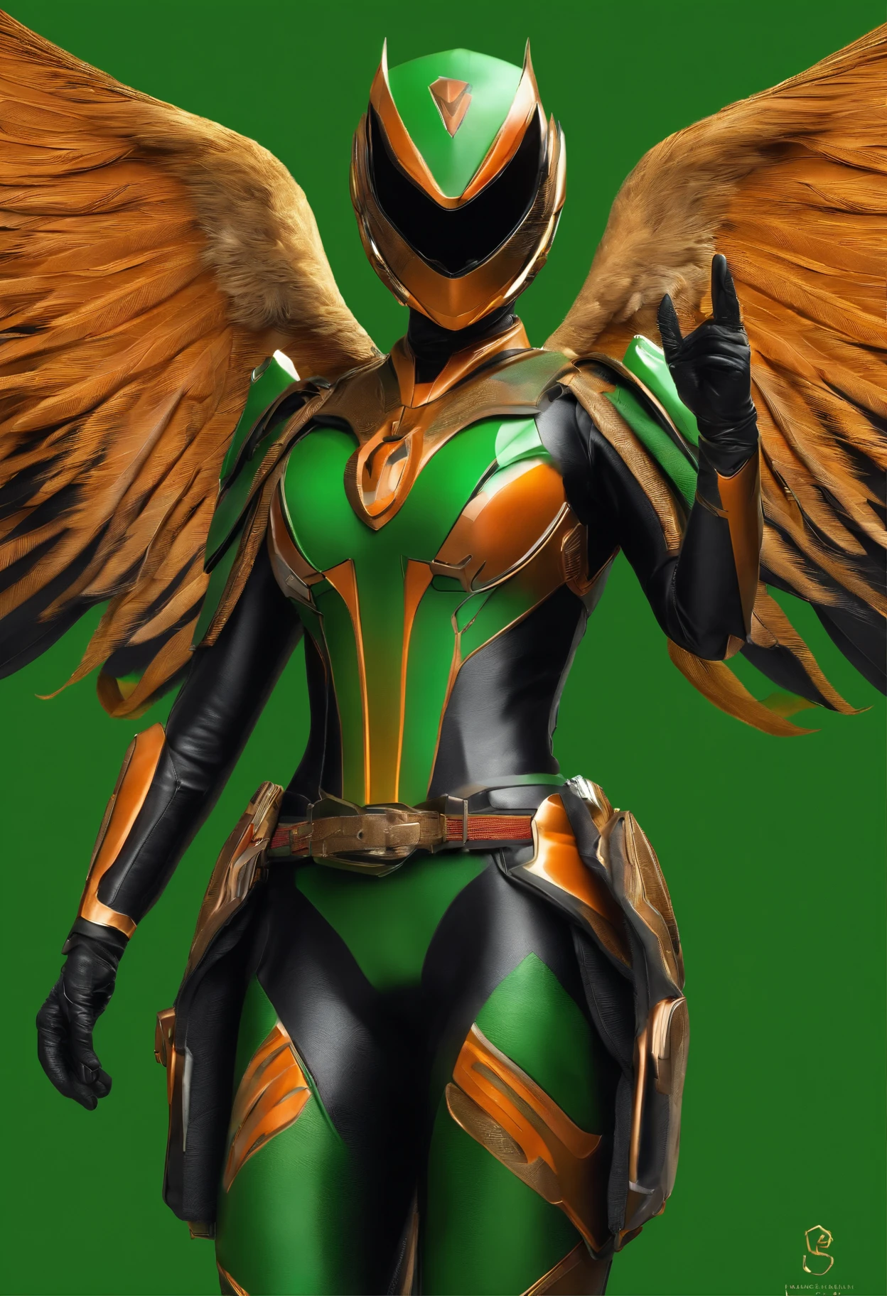 (Best Quality, hight resolution:1.2), Ultra-detailed, Realistic:1.37, Vibrant colors, Female Kamen Rider，Bird motifs，The symbol is the wind，Green based on image color，orange line，Sentai Hero，Woman，Kamen Rider，Cover the entire face，Full Face Mask，Mask reminiscent of a bird，Feather decoration on the head，Biological bodysuits，Hero Suit，Feminine body line，The image is the wind，Green light on space background，Delicately drawn live-action wallpaper