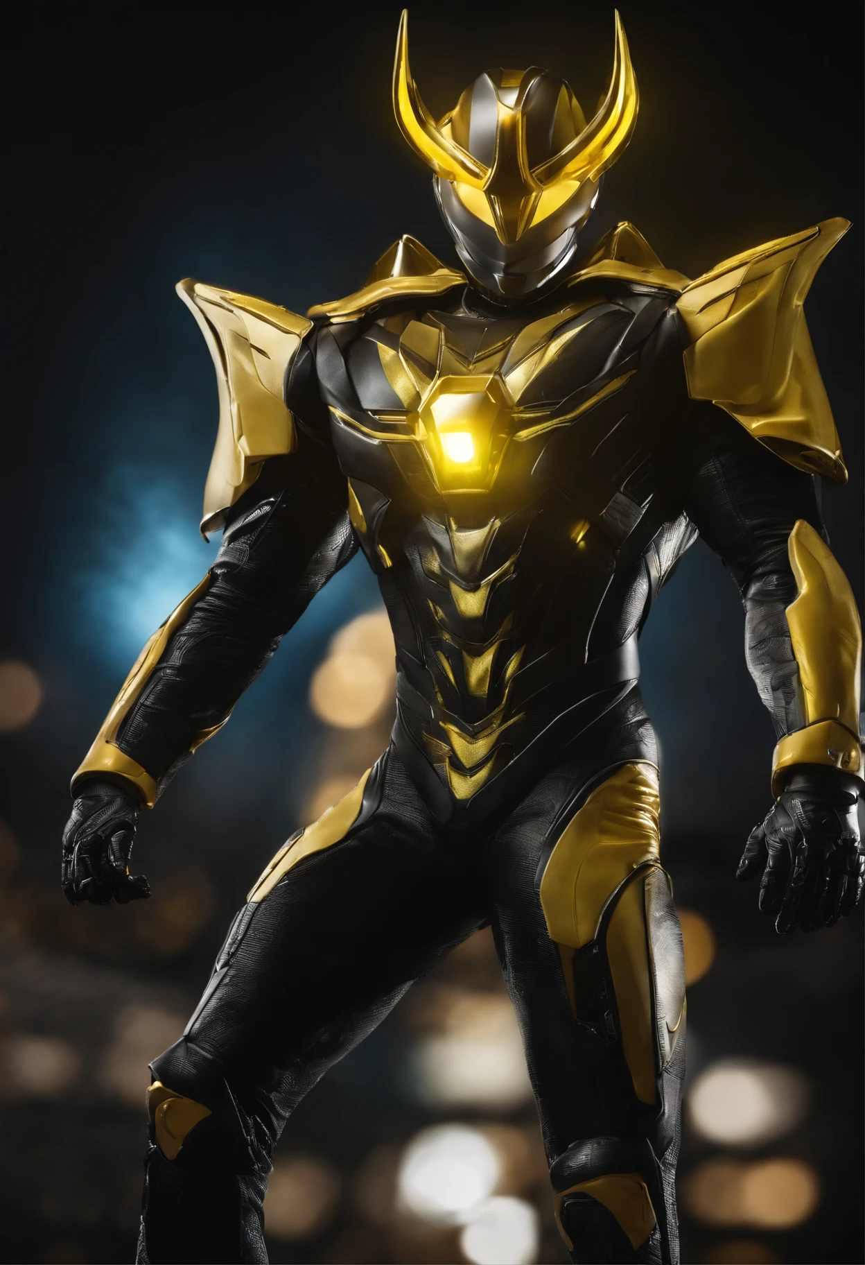 Transformation Hero,Cow motif,Image colorsYellow and black,Sentai Hero,Kamen Rider,Biological suit,Muscular decoration,Hero Suit,An 18-year-old man,The image is a rock,Glowing yellow light on space background,Delicately drawn live-action wallpaper