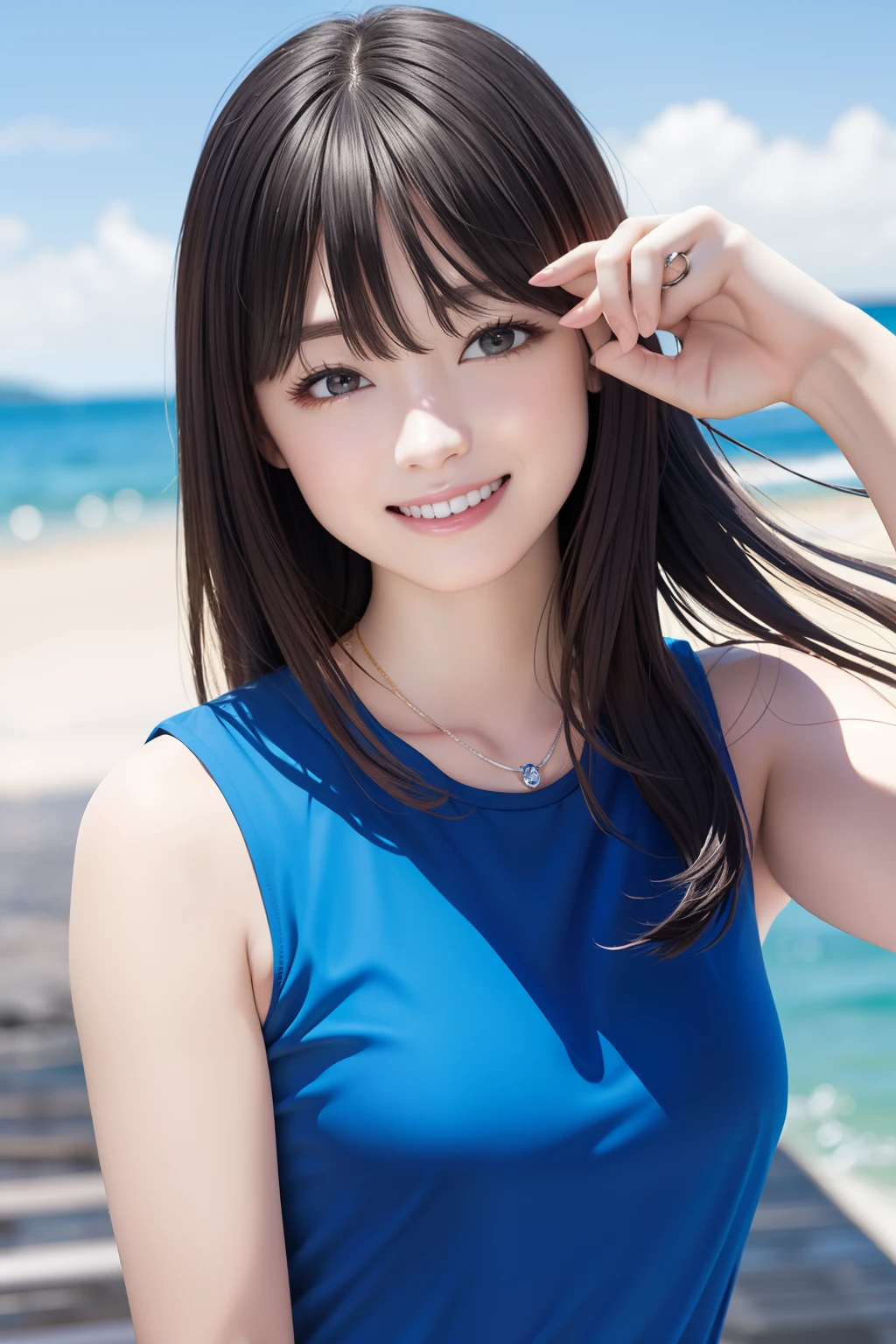 FULL BODYSHOT、​masterpiece、top-quality、hight resolution、Dark hair、Super long hair、Bangs are aligned、a smile、Blue shirt、sleeveless clothes、Black shorts、shores、sea side、blue-sky、lightly dressed、Ring on the ring finger of the left hand、1 ring、Laughing、