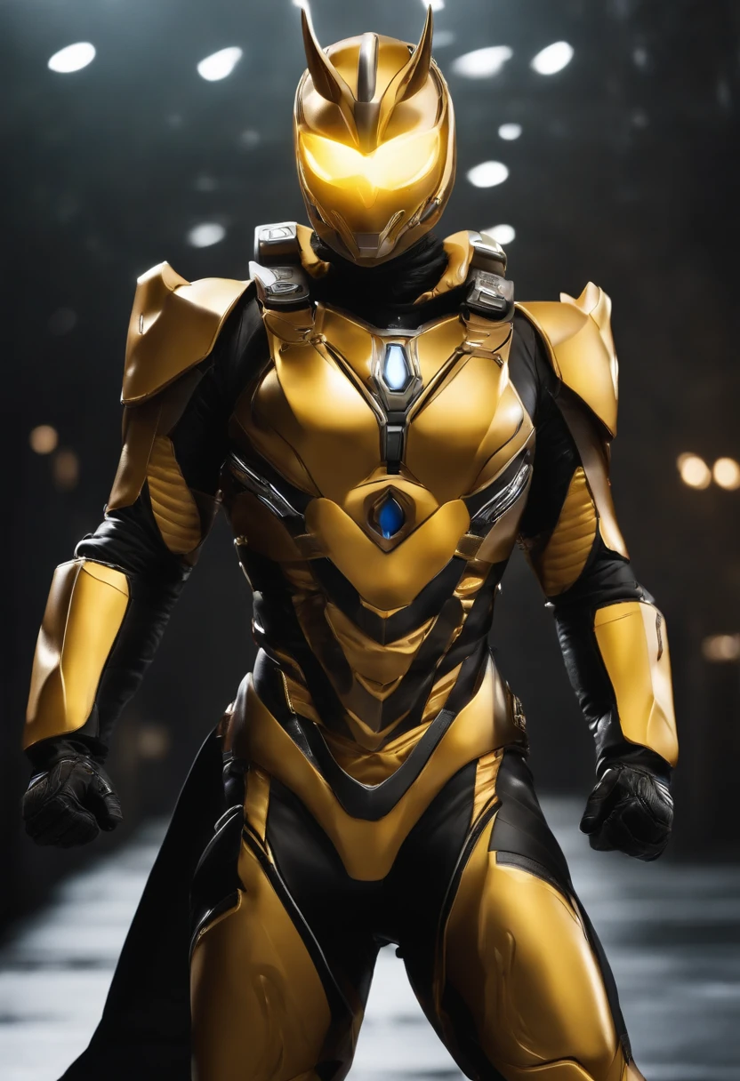 Transformation Hero，Cow motif，Image colorsBrown and black，Sentai Hero，Kamen Rider，Biological suit，Muscular decoration，Hero Suit，An 18-year-old man，The image is a rock，Glowing yellow light on space background，Delicately drawn live-action wallpaper