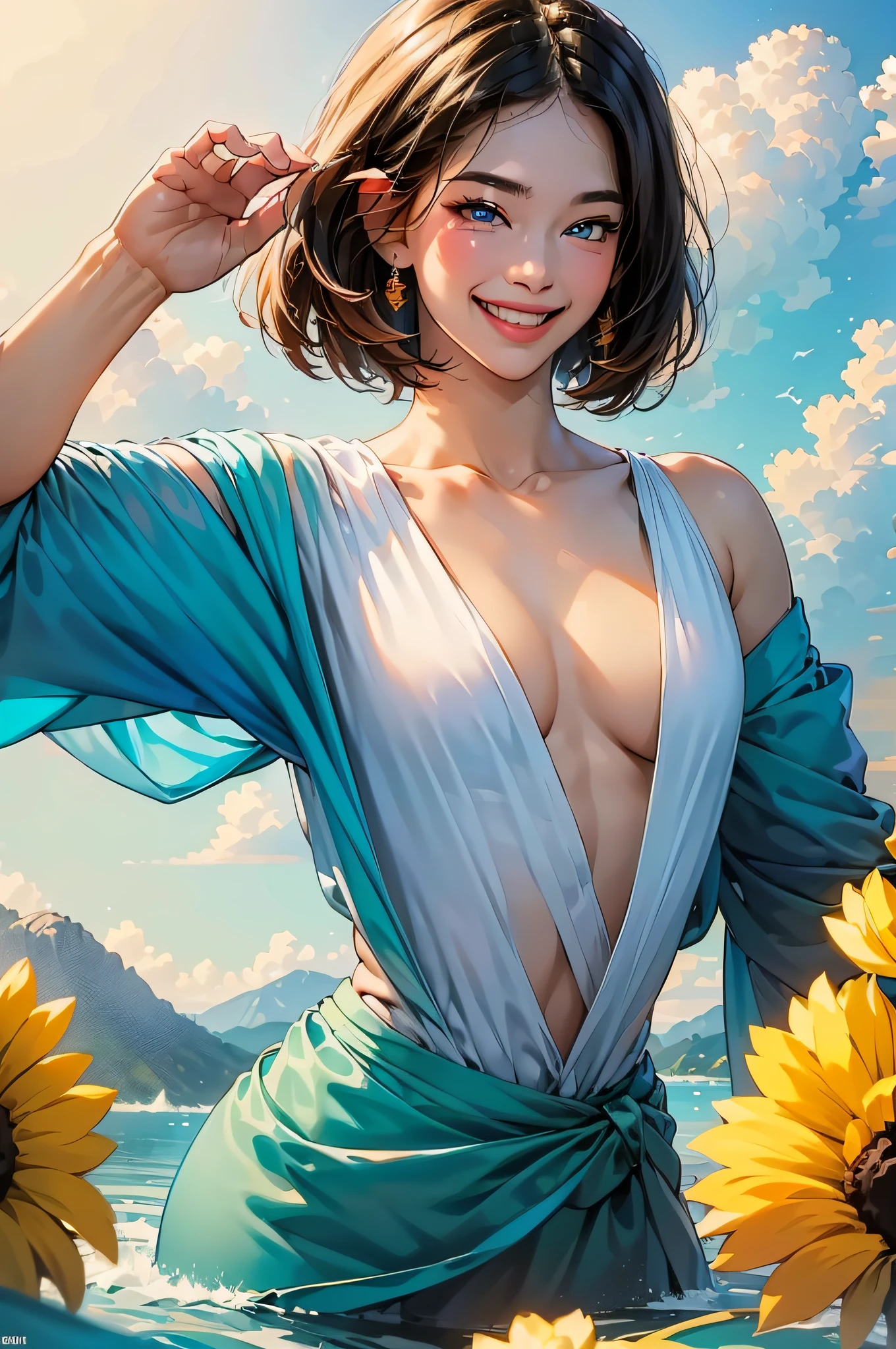 (in 8K、top-quality、​masterpiece:1.2)、1人の女性、(Smiling smile:1.1)、beautidful eyes、Valley、The upper part of the body、shorth hair、Like a boy、bob cuts、Colossal tits、Yellow view、