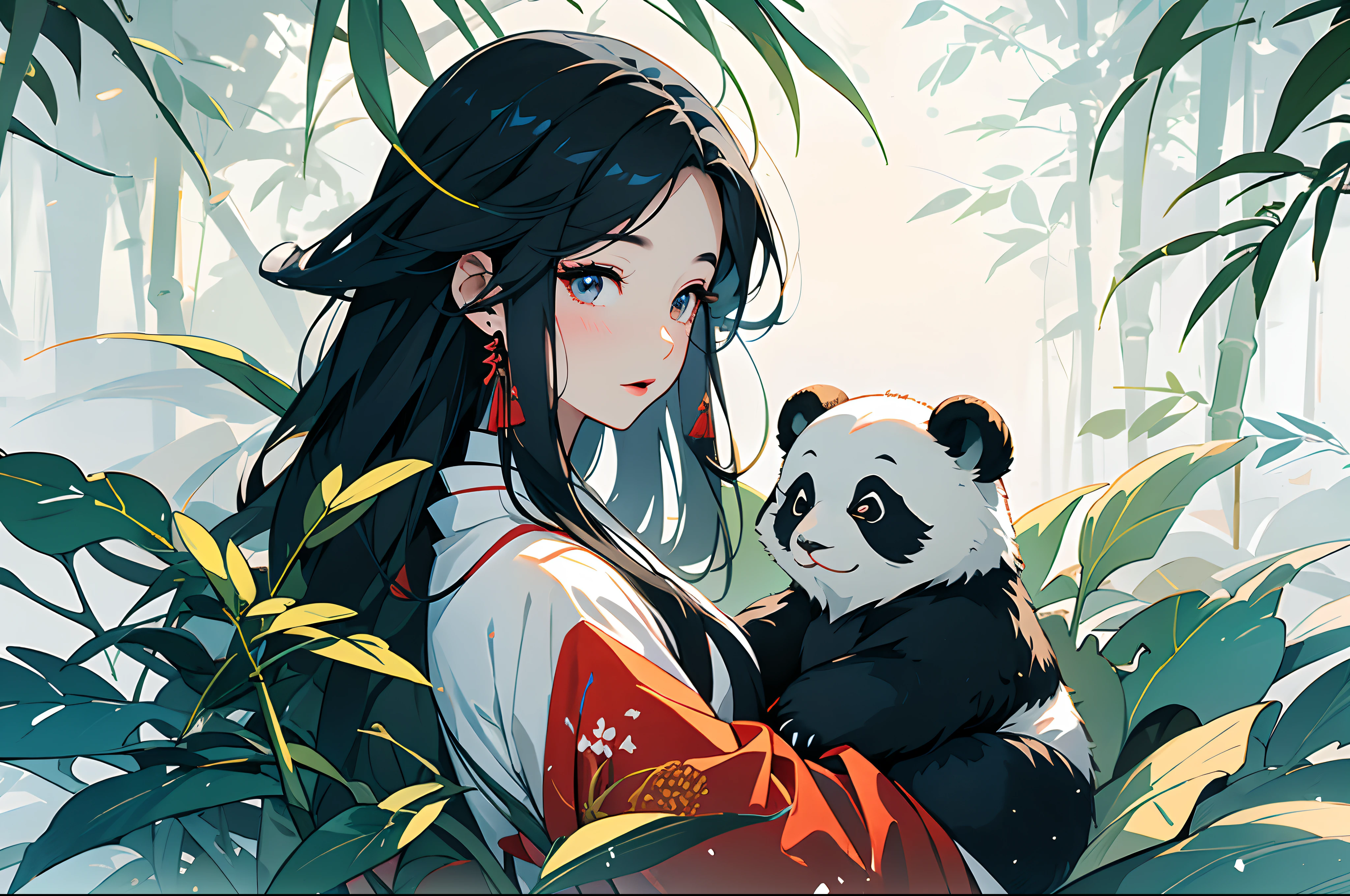 (Masterpiece:1.2)，Best quality，white backgrounid，Under bamboo leaves, (The panda sits on a branch)，（1Blittle girl：1.5，The upper part of the body，Face the audience），Pink and white clothes，facial closeups，big beatiful eyes，detailed face with，Flashy clothes，Ethereal panda，(Chinese Panda)，Dreamy，Onmyoji detailed art，A beautiful artwork illustration，mythological creatures，pandas，Beautiful digital artwork