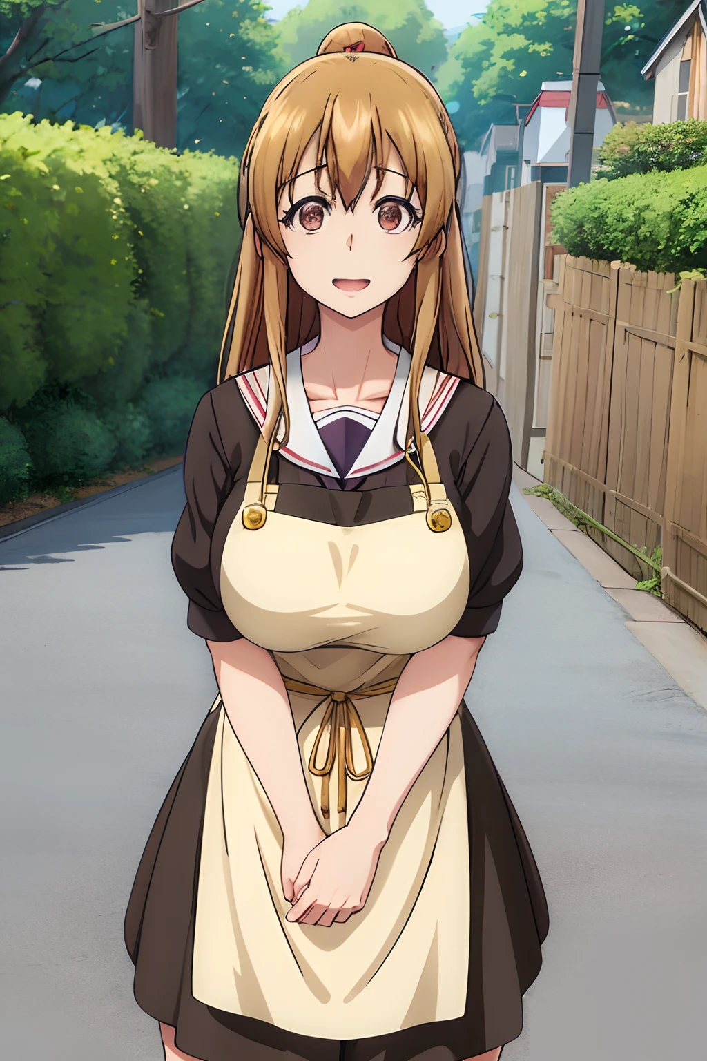 best quality, (masterpiece:1.2), highly detailed, street,
1girl,  kotegawa nanaka,
looking at viewer, slight smile, open mouth,
brown eyes, brown hair, long hair,, black skirt, white apron, (huge tits)