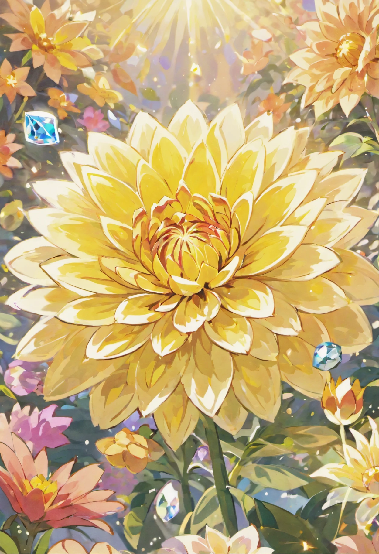Digital art detailed for the best masterpieces, Highest Quality, bright delicate yellow and pink dahlia flowers with elegant leaves,1only、Against the backdrop of beautiful and elegant diamonds, Graceful stems, And delicate, And elegant, flowey, Glittering petals, flowercore, surrounded flower, Radiant magic in the expression of flowers, Beautiful animations, Bright flowers in 16K lace, Beautiful Art U Hard Disk 4K, Detailed painting in 4K, Beautiful flowers and crystals, Luminous flowers, huge flower, light bloom, full bloom, Flowers that shine with bloom ether effect, Magic colorful flowers with flower pieces in the middle of the garden, floral environment, Beautiful Art U Hard Disk 4K, magical flowers, Flower explosion, Beautiful digital painting detailed in emergency digital photography, Detailed painting in 4K, background artwork, Flower explosion, Floral colors, highly-detailed digital painting, Appeared in 4K, Best Quality, hight resolution, 1080p, hard disk, 4K, 8K
