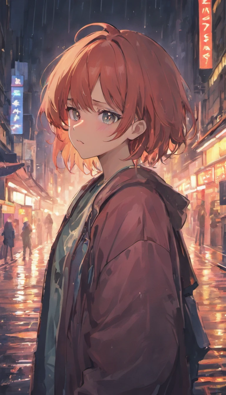 8K, RAW photo, Best quality, Masterpiece:1.2),(Realistic, photo-realistic:1.37),Night Street, rain, Wet,Cityscape,Night, Cyberpunk city,Soft light,1boys,,Extremely beautiful face,Bust,putdownhands,Random hairstyle,Random hair color,Random expression