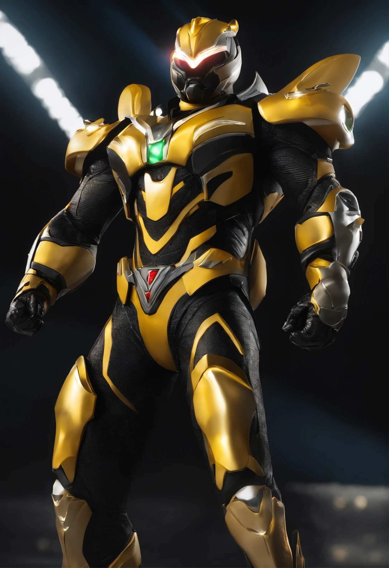 Transformation Hero，Cow motif，Image colorsBrown and black，Sentai Hero，Kamen Rider，Biological suit，Muscular decoration，Hero Suit，An 18-year-old man，The image is a rock，Glowing yellow light on space background，Delicately drawn live-action wallpaper