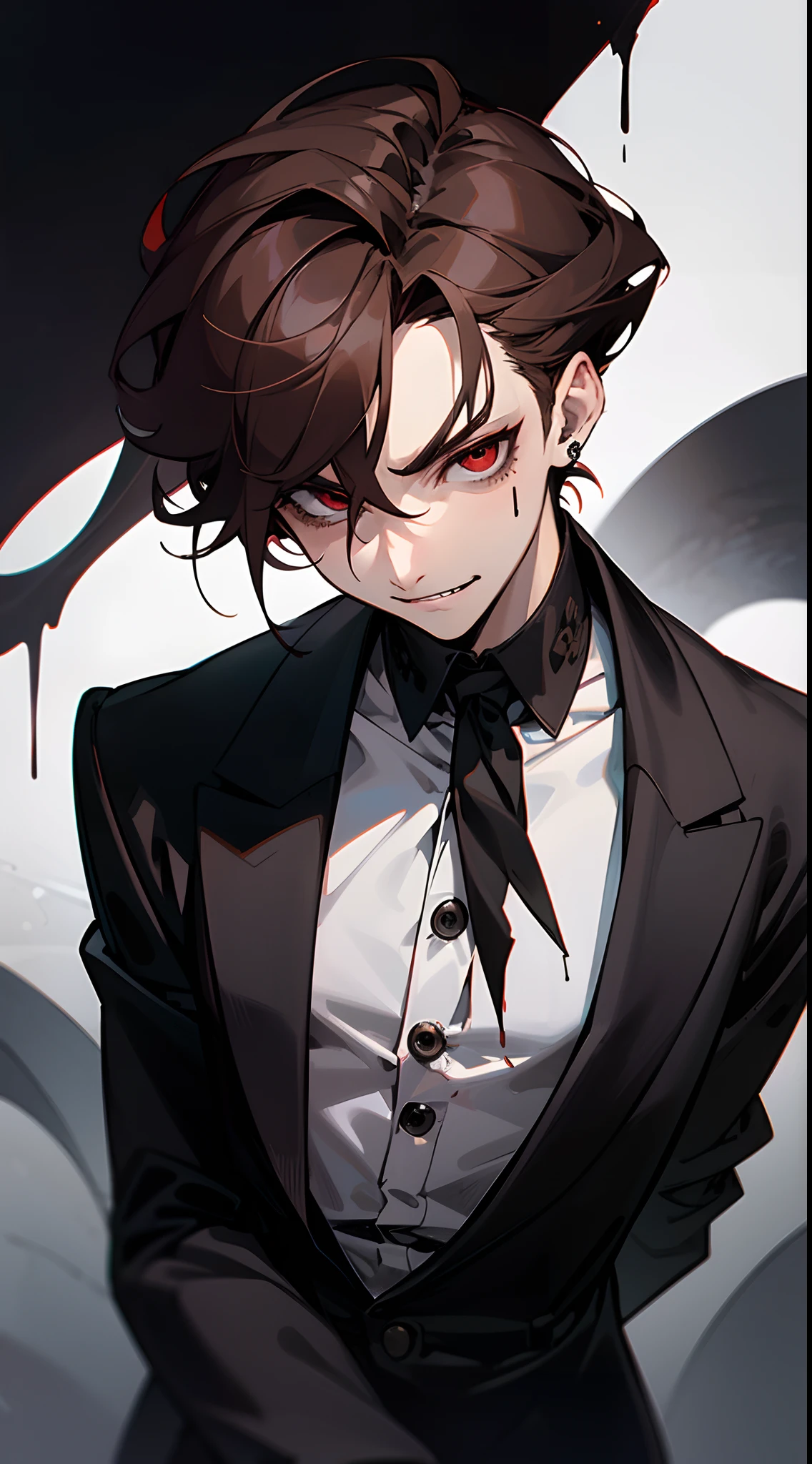 ((tmasterpiece)),(((beste-Qualit))), Close-up of seductive man with brown hair, Grown-up guy, Seductive evil, Attractive appearance, Subsurface scattering skin, Attractive humanoid, wearing white shirt, high detail, Skinny fantasy man, Fan art, Art, handsome male, red eyes, smirk, ssmile, fangs, Vampire fangs, small pupils, Skinny face, sunken cheeks, Melancholic appearance, sharp chin, Smooth face, earring in the ear, Hair gradient, hair color from brown to red, thin eyebrows, short hair on the side, pixie hairstyle, Wavy Hair, Skeletons around, calavera, Skeletal creatures, dice, Black Souls, Scary black creature on top, Black slime hangs over the body, Black smoke, Black Ghosts, A Black Creature Without Boundaries, A chilling look, Cool dark shades, Additional lighting, A gloomy picture, blood on body, blood on the forehead, blood on the neck, cuts into the skin, Black Darkness, An ominous fire in his eyes, A Necromancer, necromancy, Evil Magic, Black Fire