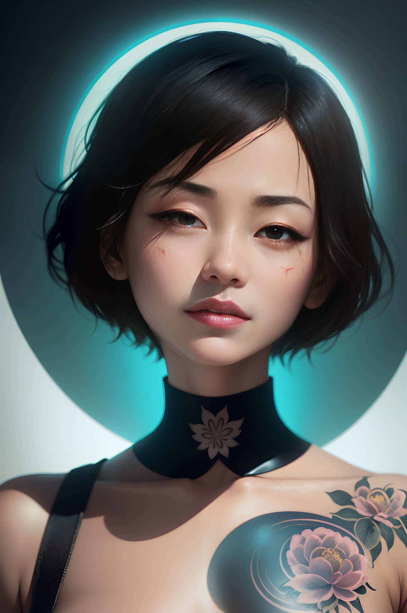 Movie posters featuring, the tattooed asian woman, short hair, art style by [Hsiao Ron Cheng + Nick Veasey + James Turrell], Look up at, Surreal photography, neon bright colors, wallpaper, detail shot