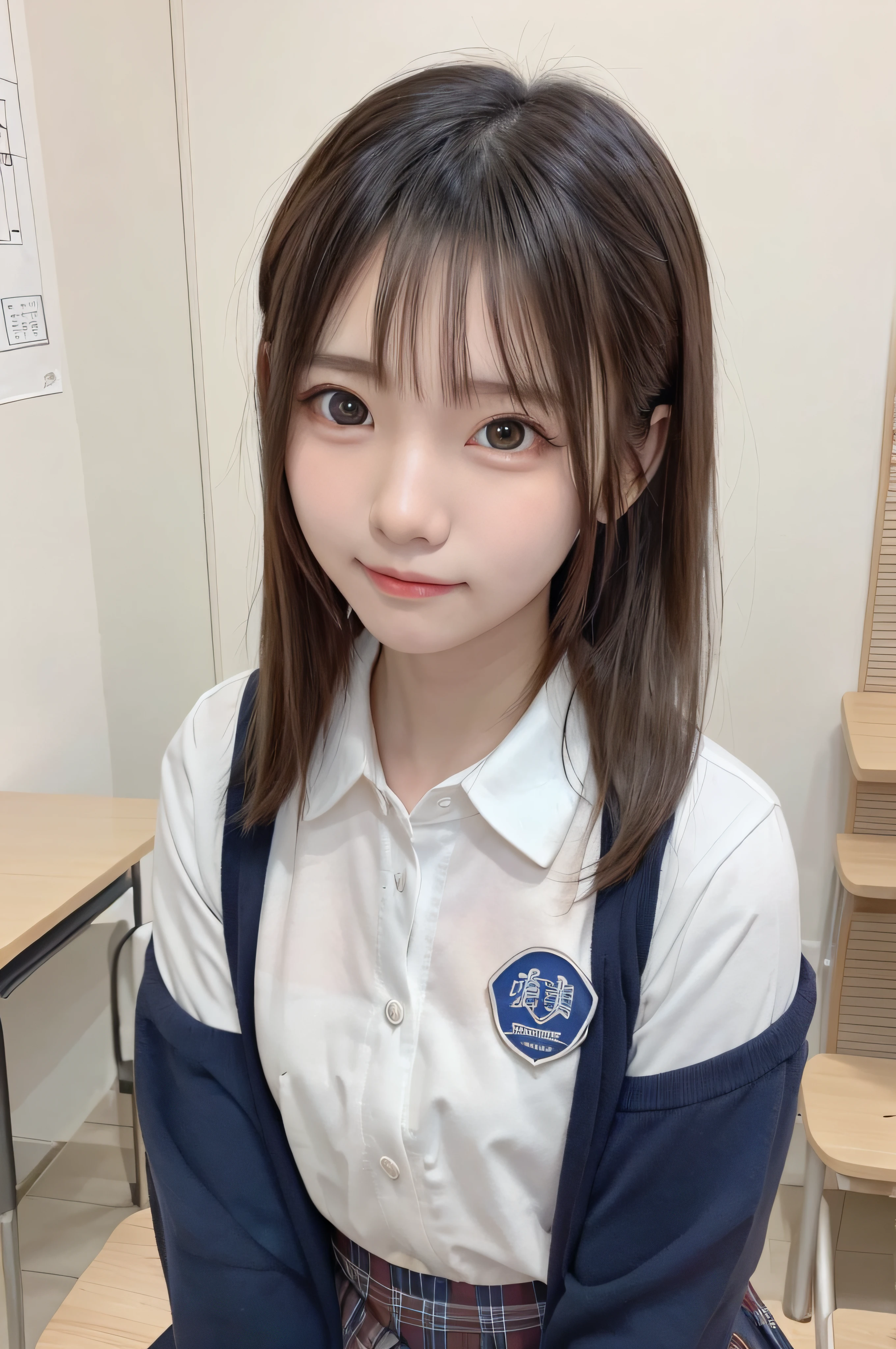 1４Year old woman、soio、brown haired、real looking skin、A detailed eye、hi-school girl、(8K、​masterpiece)、(reallistic、Photorealsitic)、top-quality、realisitic、ighly detailed、The ultra-detailliert、Beautie、cute little、独奏、Korea person、a smile、Close-up portrait、Healthy face、schools、School uniform、Cardigan、plaid skirts、skirt by the