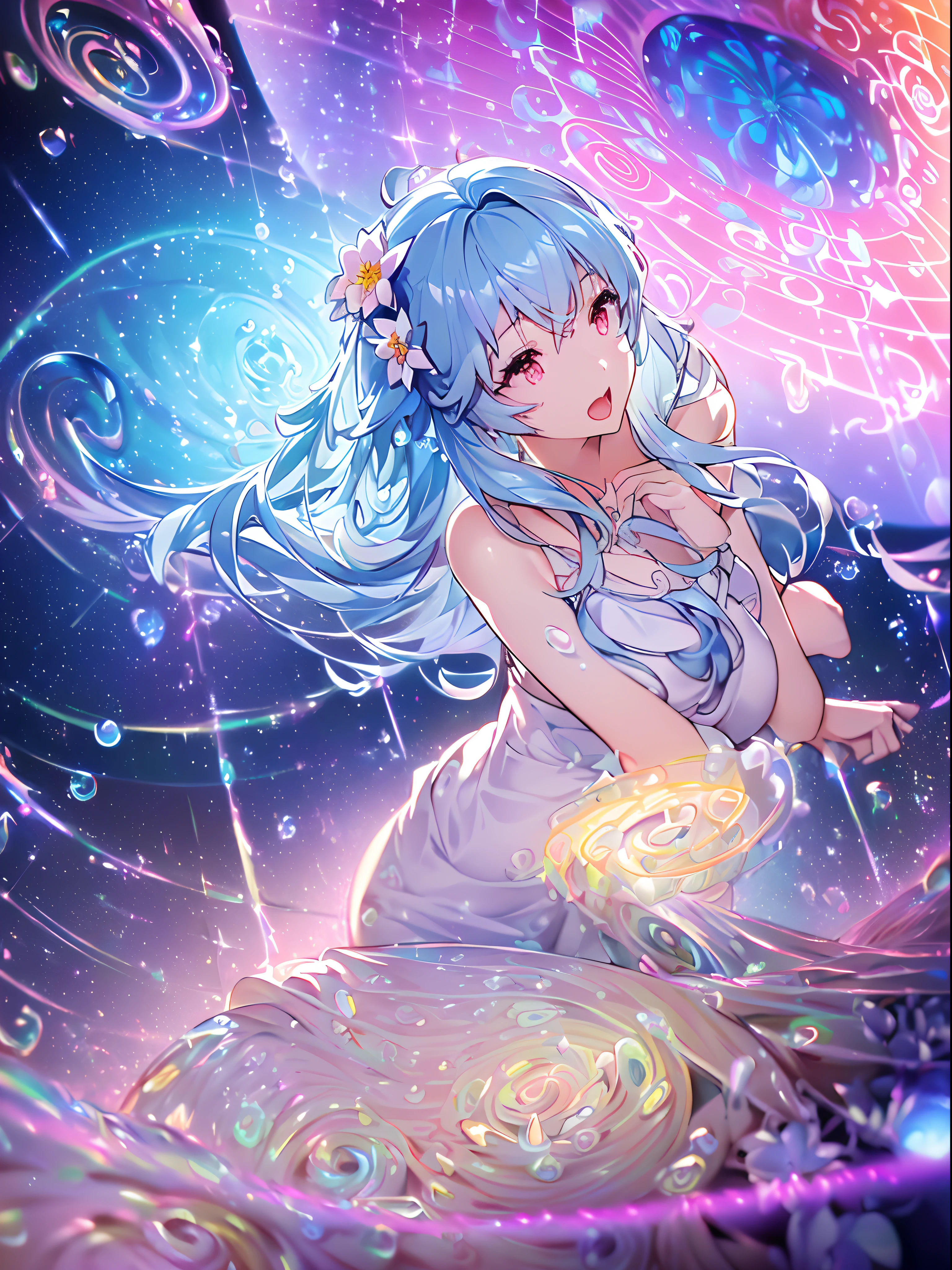 (((ayanami rei))),((((((BREAK,Design an image with a fisheye lens effect, capturing a wide field of view with a distinctive, curved perspective.BREAK,)))))((1girl:1.1,solo,))(masterpiece,best quality, official art,beside to viewers, beautiful and aesthetic:1.3),((ultra high res,golden ratio,)) (4k),((shot from side,dawn,rainbow,raindrops, dreamland,beautiful sky,detailed aurora)),((((spiral bubbles,))))dynamic lighting, cinematic lighting,((((flower field,))))(fantasy,arms behind back,)((psychedelic)),((dreamy)),((holographic,))radiosity, physically-based rendering,automatic white balance), technological sense,Amazing,sharp focus,detailed background,rich background, (((high detailed skin,)))dynamic lighting,intricate detailed outfit,glowing eyes,watery eyes,((extremely long hair,hair over shoulders))skiny,slender,smooth beast,sundress with laces,((musical notes,embers)),(masterpiece sidelighting),(bishoujo,lustrous),(sky blue hair,pink eyes,）[[delicate fingers and hands:0.55]::0.85],(detail fingers),(((Ultra Photographic Quality,ultra wide angles)))),((incredibly absurdres,photoreality)),(realilty:0.7),((open mouth,closing eyes,a girl is chanting,hands together,))((full body shot,))Golden rings,((extremely_detailed_eyes_and_face)),(disheveled hair),FilmGirl,(dynamic configuration: 1.2),Brilliant,drifting Nebula,ethereal, glossy ,striking contrast,high saturation