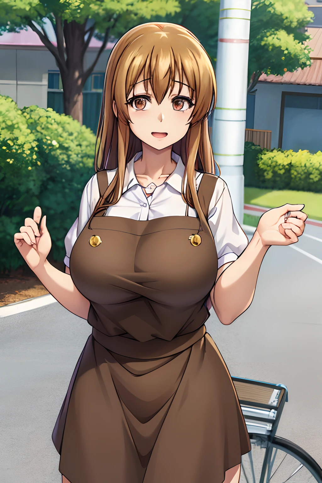 best quality, (masterpiece:1.2), highly detailed, street,
1girl,  kotegawa nanaka,
looking at viewer, slight smile, open mouth,
brown eyes, brown hair, long hair,, black skirt, white apron, (huge tits)