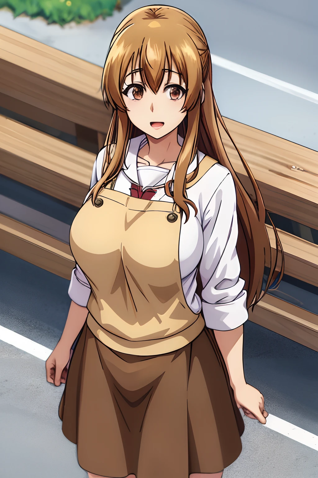 best quality, (masterpiece:1.2), highly detailed, street,
1girl,  kotegawa nanaka,
looking at viewer, slight smile, open mouth,
brown eyes, brown hair, long hair,, black skirt, white apron, (huge tits)