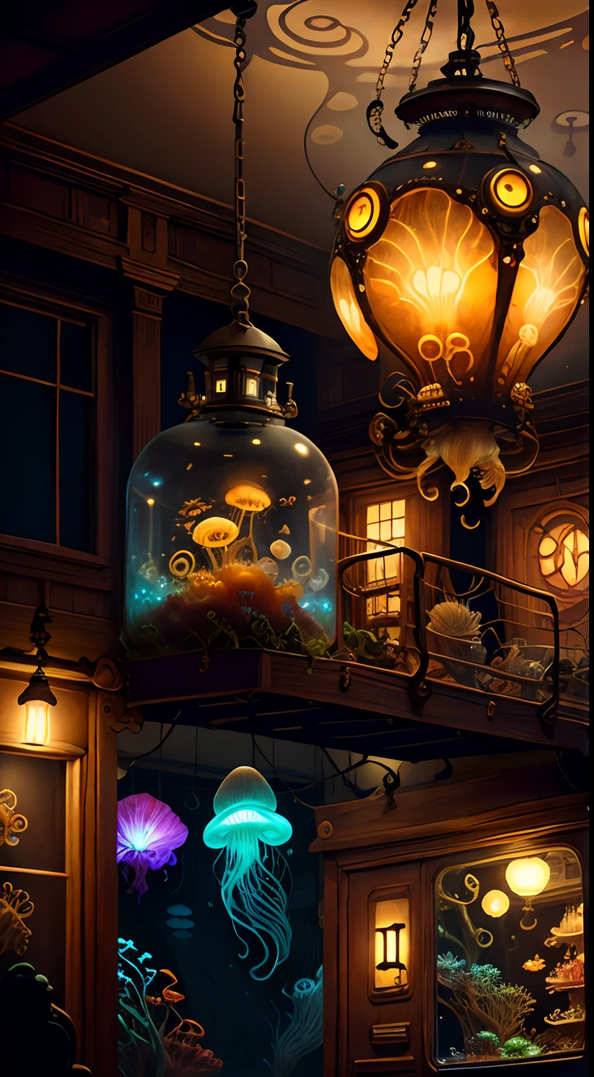 steampunkai。A small aquarium on the bar counter。Jellyfish aquarium。Fantastic lighting。
