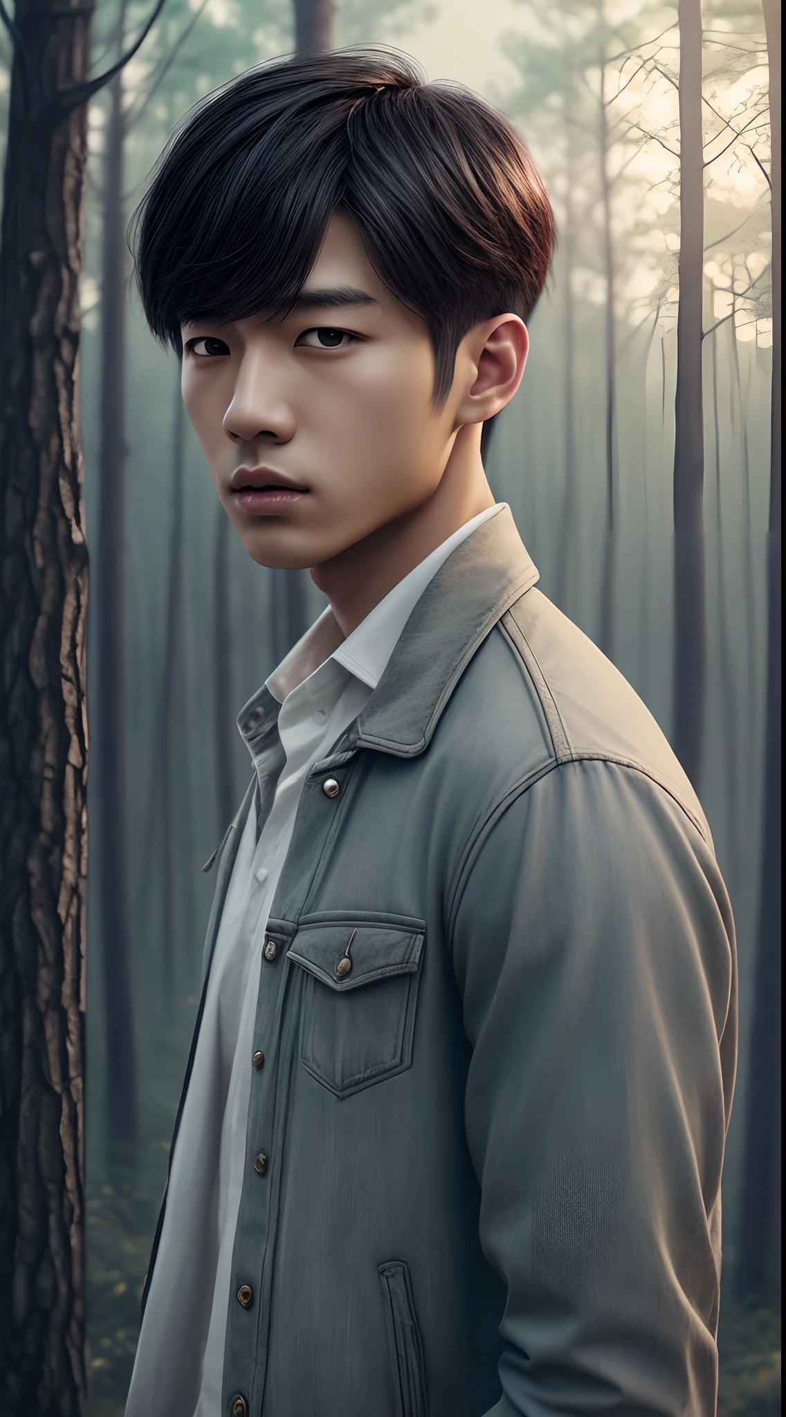 winter light, winter environment, masterpiece, young korean idol boy in focous shot, korean male,full body size, christmas theme, grey eyes, vertical pupils, forest, grey hair, cold look, light modern clothes, pale skin, colour grading, light illustration, the person in the middle, extreme quality, radiant, extremely detailed, ultra-detailed face, ultra hd 8k, ultra digitality, mythical, winter evening lightning, concept art portrait by Greg Rutkowski, artgerm, hyperdetailed, intricately detailed art, fantasy style, triadic colours, fantastical, intricate detail, splash screen, complementary colours, fantasy concept art, 8k resolution, deviantart masterpiece, oil painting, heavy strokes, soft lighting, film photography, analogue photography, film grain, Anna Dittmann, hyperrealism, oil dripping,boy,male, korean idol male face, short hair male,