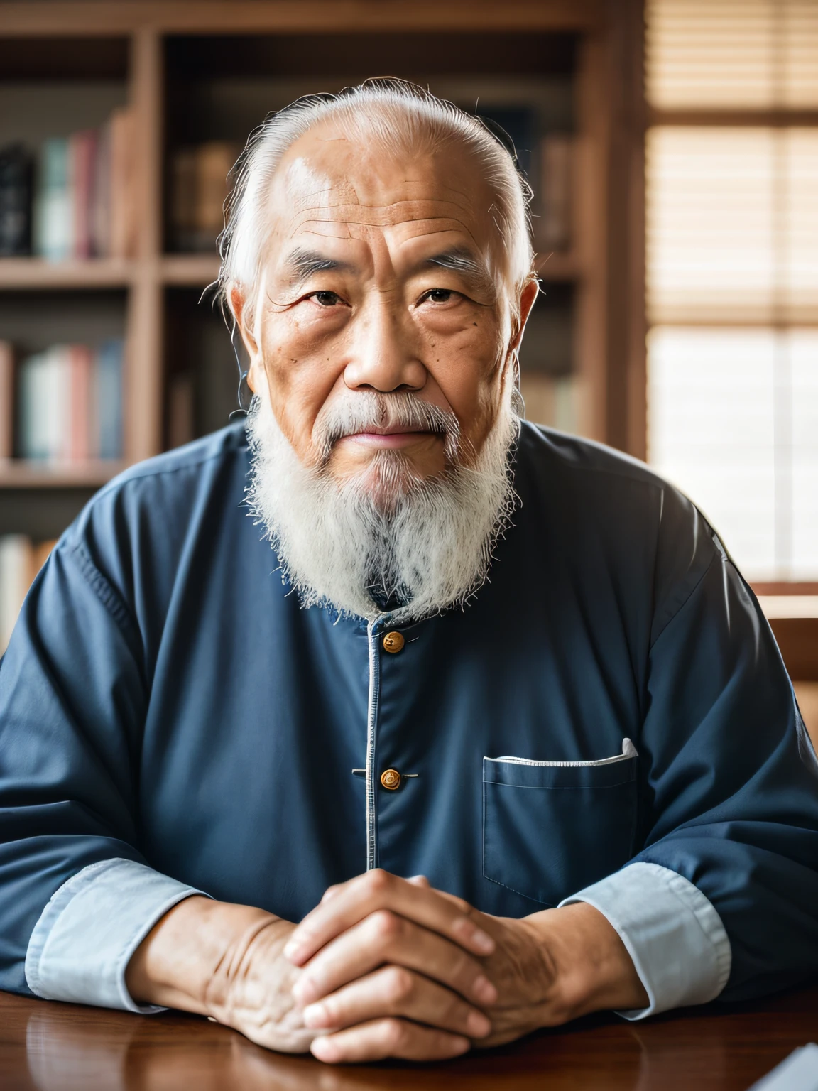Hyper-Resolution, Ultra photo realsisim, cinema shot, Vignette, Portrait of an 80-year-old Asian man，Look at the viewer，An elderly Asian man，Sit at your desk,Spiritual old man,Single image，Thin and thin, Old blue eyes, Short white hair, Bookshelf background，White Viking beard, Narrow face，dark-skin, Wide shoulders, Weathered by sunlight and water, Gold pattern royal twin peaks, The Royal Chambers camera is focused on the eye, High focal length, Bust photo，Faraway view，Digital SLR, Dark Studio, rim lit, twotonelighting, Dimly lit, low tune, Backlight,