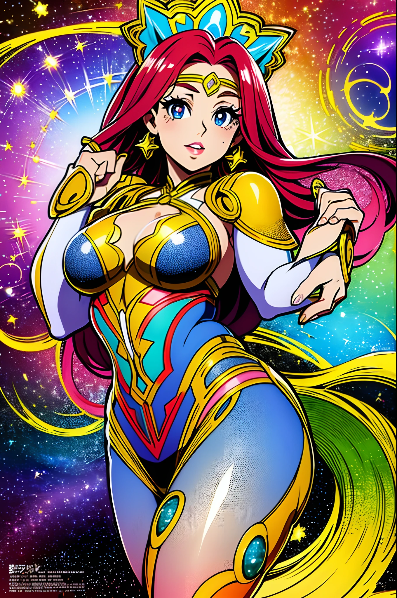 masterpiece, best quality, masterpiece, godlike quality, godlike art, highly detailed face, full body, highly realistic, cute, young girl, big eyes, long eyelashes, multicolored hair, multicolored eyes, shiny skin, full lips, big lips, shiny skin, blushing, magnificent view, in space, starry background, stars, shining light, multicolored light, maid costume