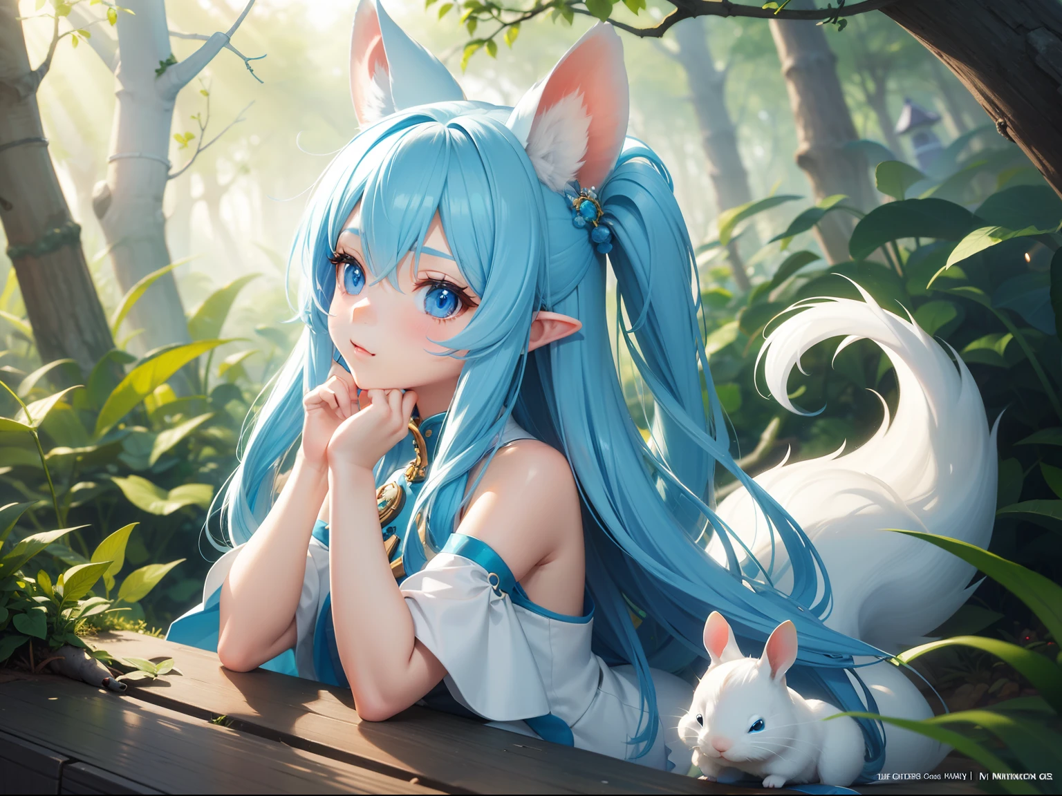 In the Halloween Forest、There is a small white rabbit with long ears, White long ears、I'm with a pretty girl with long blue hair。It is a cute and sexy outfit in white and blue and yellow。White panty Dark eyes。cute forest creature, Cute mushrooms also grow、Everyone is celebrating Halloween Adorable Digital Painting, cute detailed digital art, the squirrel king, Cute digital art, cute cartoon characters, cute character, CuteCreatures, Cutie, official illustrations, Official art, squirrel, maplestory mouse, astri lohne, cute 3d render