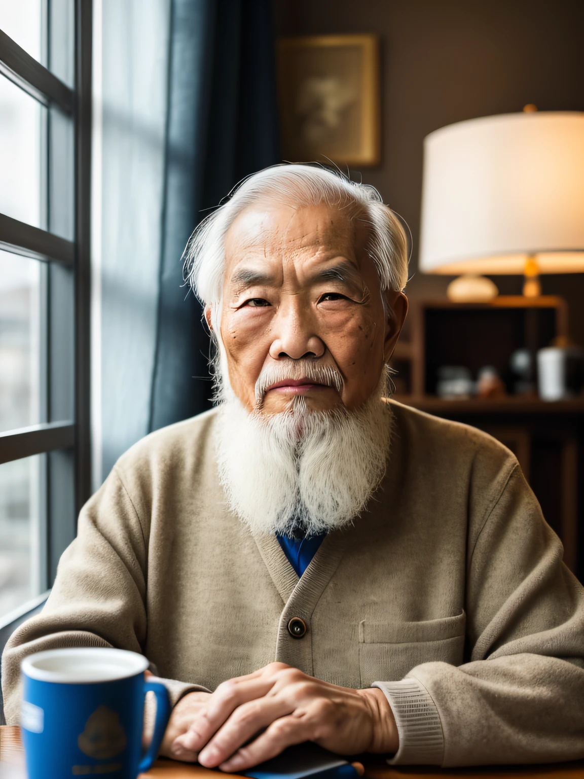 Hyper-Resolution, Ultra photo realsisim, cinema shot, Vignette, Portrait of an 80-year-old Asian man,Look at the viewer,An elderly Asian man,Sit at your desk,Spiritual old man,Single image,Thin and thin, Old blue eyes, Short white hair, Bookshelf background,White Viking beard, Narrow face,dark-skin, Wide shoulders, Weathered by sunlight and water, Gold pattern royal twin peaks, The Royal Chambers camera is focused on the eye, High focal length, Bust photo,Faraway view,Digital SLR, Dark Studio, rim lit, twotonelighting, Dimly lit, low tune, Backlight,