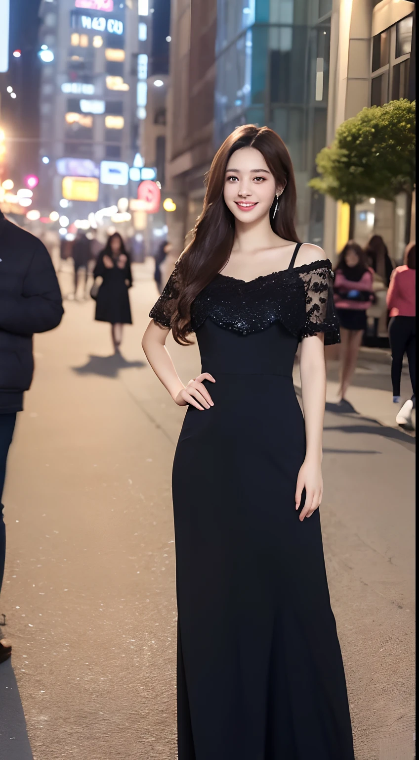 ((Best quality, 8k, Masterpiece :1.3)), 1girl, smiling, full body, slim face, Pretty woman, (Dark brown hair), full length dress :1.1, Ultra-detailed face, Detailed eyes, Double eyelid, blur background, slim face, city, outside, street,