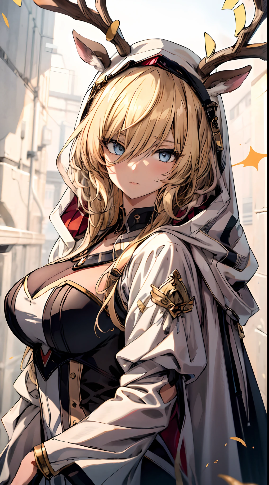 Masterpiece, Best quality, {Best quality}, {{Masterpiece}}, {A high resolution}, Focus, Anime style, Cartoon close-up of a woman, Girl design, Long hair, Golden hair, Straight eyes, Cover deer ears, Polished and powerful appearance, Classic costumes, Colorful, colours