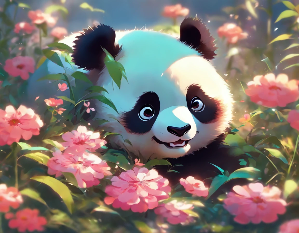cute panda, Lying on a flower,Has big eyes,blusher,Supine,greet,ighly detailed