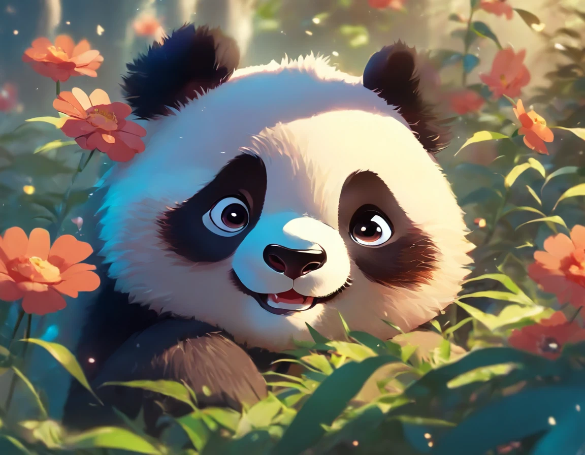 cute panda, Lying on a flower,Has big eyes,blusher,Supine,greet,ighly detailed