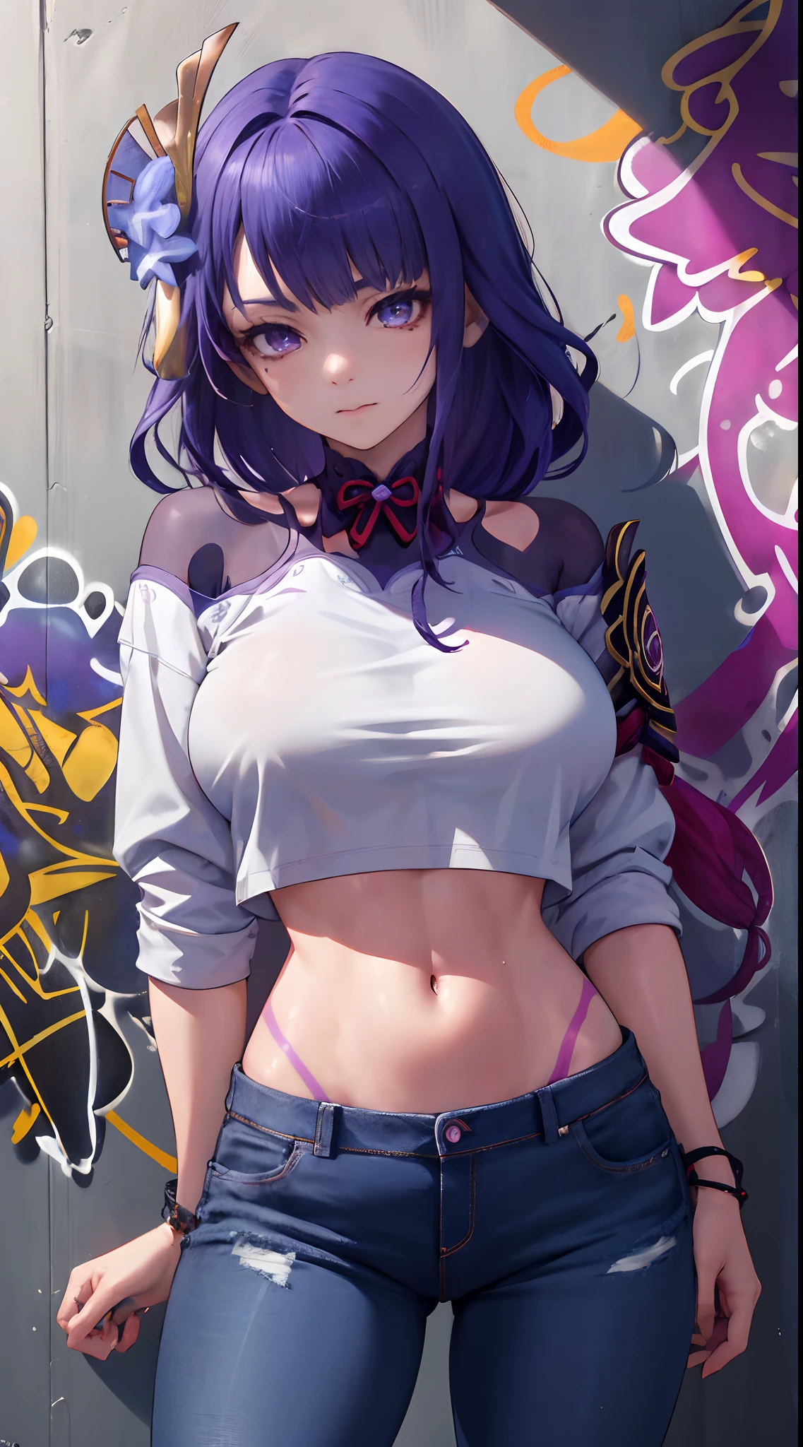 Raiden Shogun Genshin Effects Effects, master-piece, bestquality, 1girls, bara, crop top, Long Jean Jan Shirt, shorts jeans, choker, (Graffiti:1.5), color splashes, arm behind back, against wall, looking at the audience, bracelet, Thigh strap, Head tilt, bored, multicolored hair, water eyes, headset,