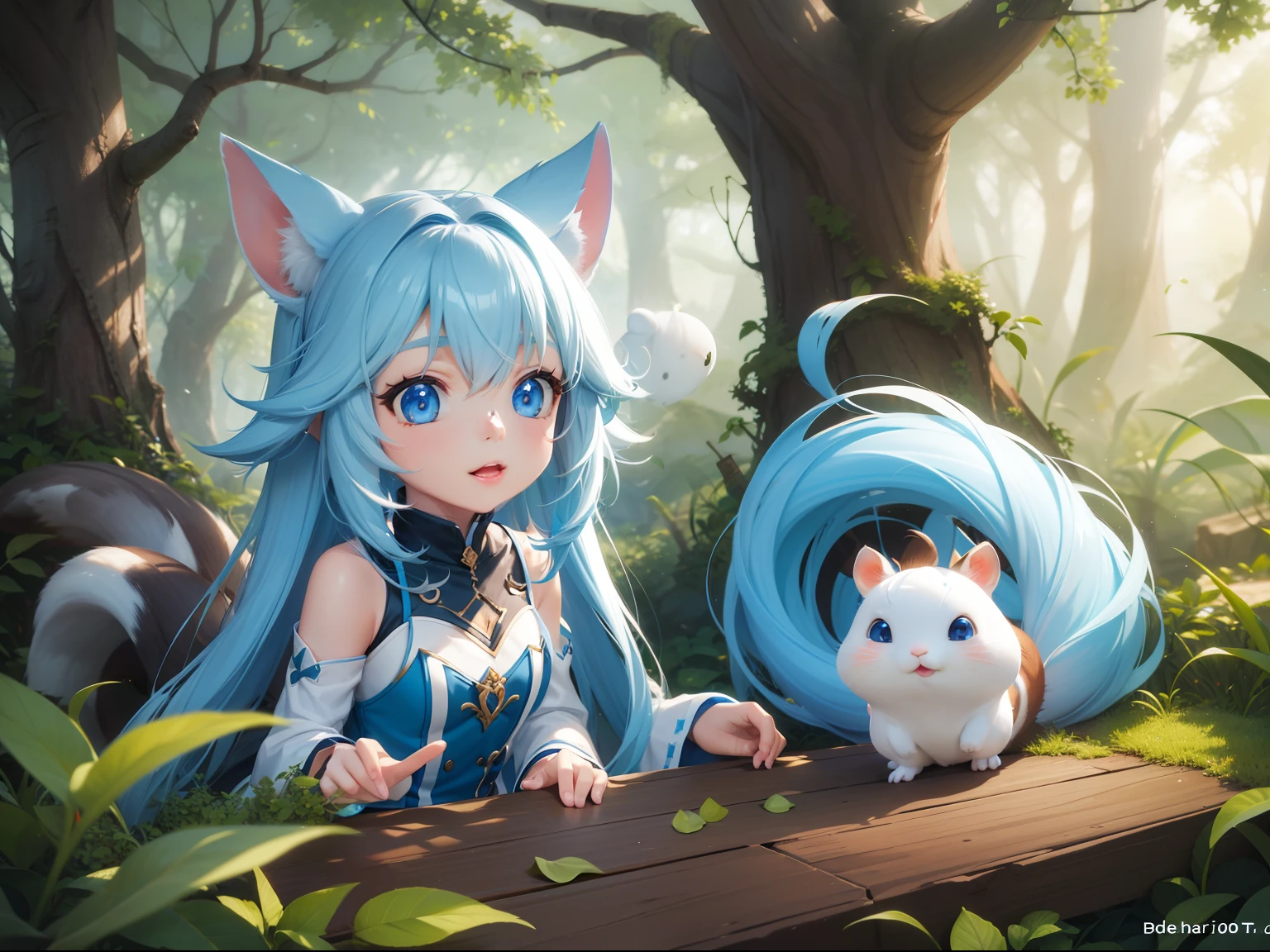 In the forest、There is a small white rabbit with long ears, White long ears、I'm with a pretty girl with long blue hair。It is a cute white and blue costume。Dark eyes。cute forest creature, Cute mushrooms also grow、Adorable Digital Painting, cute detailed digital art, the squirrel king, Cute digital art, cute cartoon characters, cute character, CuteCreatures, Cutie, official illustrations, Official art, squirrel, maplestory mouse, astri lohne, cute 3d render