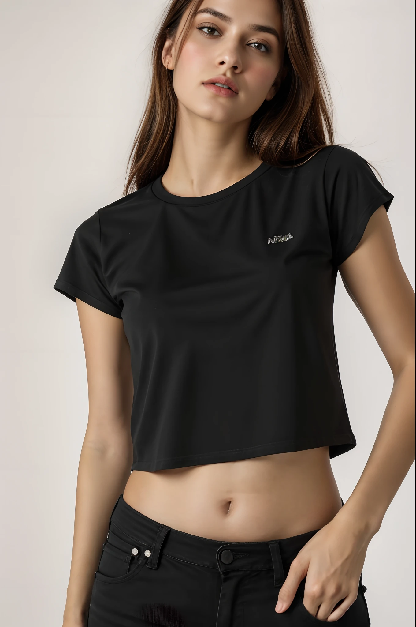 A woman in a black shirt and jeans posing for a photo, com corte rasgado t - camisa, camiseta preta, tampo preto, vestindo uma camiseta preta, vestindo camiseta preta, vestindo uma camiseta preta, camiseta preta, T-shirt preta, camisa preta, usando uma regata preta cropped, usando um top cropped sexy, topo de corte, fotografia realista, fotografia, obra-prima, realista, Realismo, renderizado, Alto contraste, Arte Digital, fotográficorealista, trend in Artstation 8k HD, high definiton, circunstanciado, Realistic, detalhada, textura da pele, hiperdetalhada, Textura realista da pele, melhor qualidade, ultra high-resolution, (fotografia realista: 1.4), alta resolução, detalhada, fotografia crua, Crisp resolution, Nikon d850 filme, fotografia de stock 4, Kodak Portra 400 Camera F1 Lens.6, textura hiper realista, lighting dramatic, Unrealistic trend in Artstation Cinestill 800, RAW.