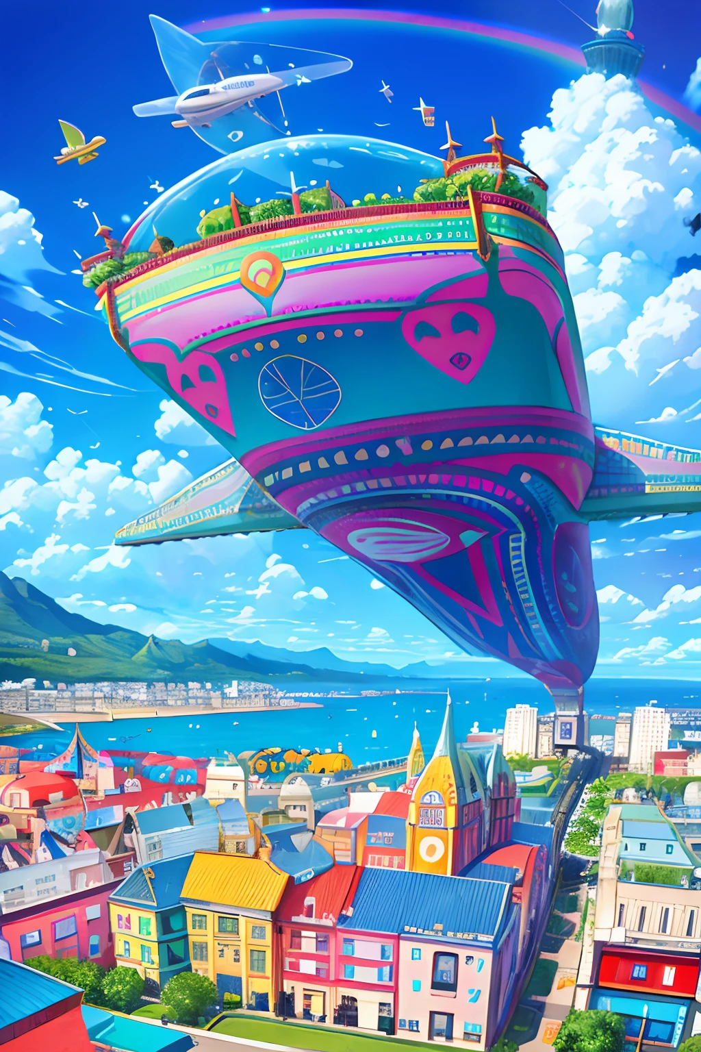 dreamworld, florals、fantasy, Stained glass style art style, Children's graffiti style, Graffiti style, geometric design, extremely colorful, Pop. City, Cityscape, Fun city, Town, European style cityscape, Car, plane, helicopter, airliner, blimp, the bus, taxis, bullet train, Street trees, Urban design drawings, An amusement park, Futuristic city, Sea, Rainbow, Irridescent color, Clouds, das boot, Sail ships, modern city scape, Biel City, Flat illustration, vectorial. Bright, Pop colors, extremely colorful, in the Picasso style, cubismo, Minimalist Gustav Klimt style, cubismo, blend, dynamic compositions,