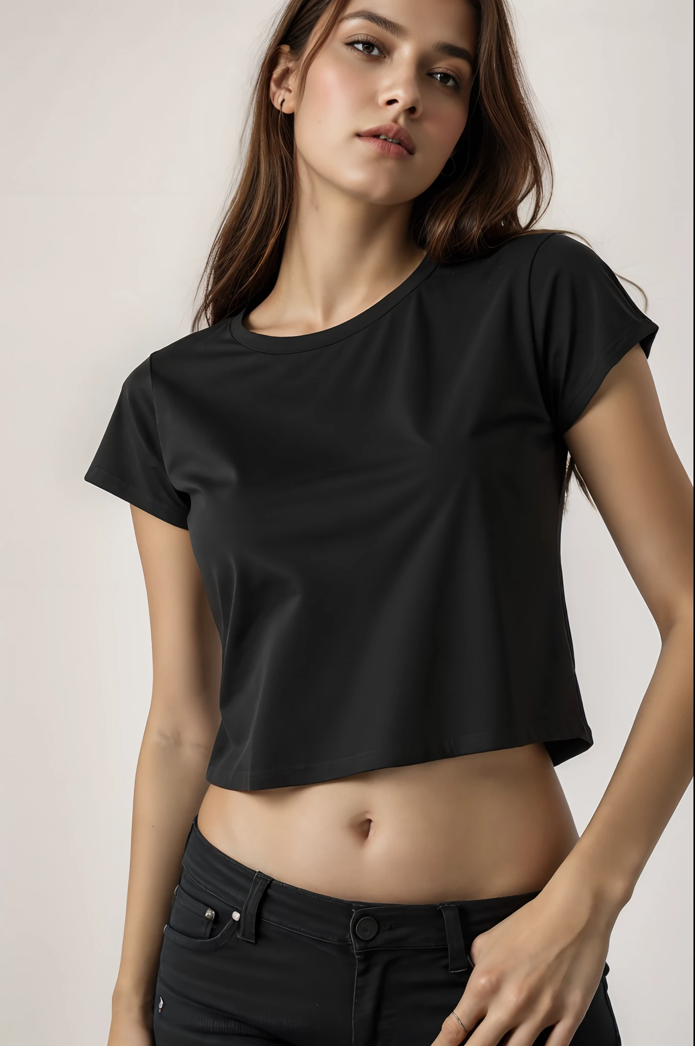 a close up of a woman wearing a black corte superior, com camiseta rasgada, corte superior, corte superior, inspirado em Wang E, wearing corte superior, cinza escuro, que, vestindo um top cortados, usando um top cropped sexy, imagem oficial do produto, camisa cinza, vestindo um top cortado, cintura fina, Inspirado por Wang Yi, nanquan
