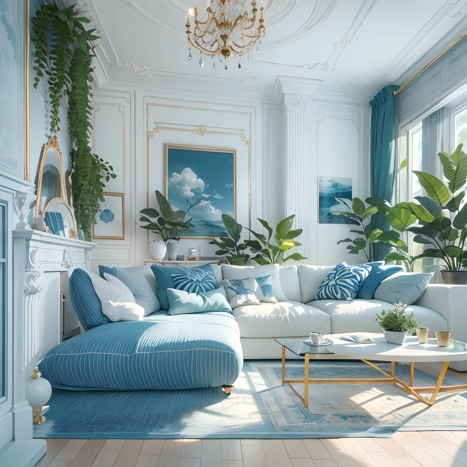 modern living room, blue and white color , plants, morning sunshine, masterpiece, best quality.