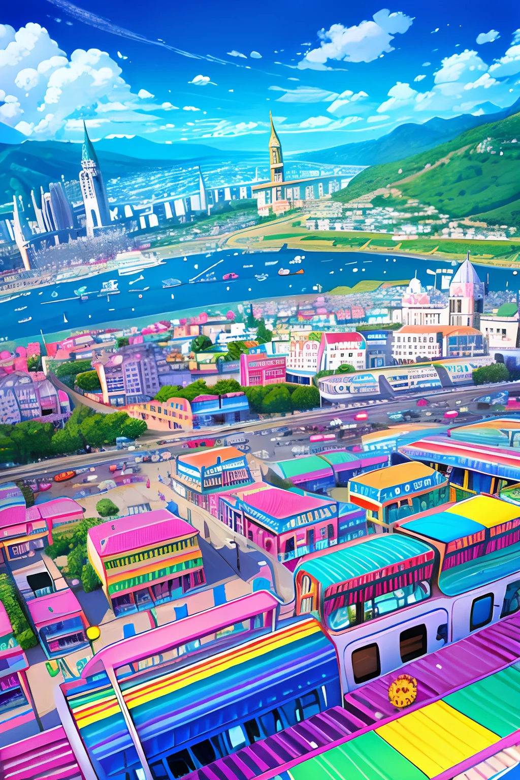 dreamworld, florals、fantasy, Stained glass style art style, Children's graffiti style, Graffiti style, geometric design, extremely colorful, Pop. City, Cityscape, Fun city, Town, European style cityscape, Car, plane, helicopter, airliner, blimp, the bus, taxis, bullet train, Street trees, Urban design drawings, An amusement park, Futuristic city, Sea, Rainbow, Irridescent color, Clouds, das boot, Sail ships, modern city scape, Biel City, Flat illustration, vectorial. Bright, Pop colors, extremely colorful, in the Picasso style, cubismo, Minimalist Gustav Klimt style, cubismo, blend, dynamic compositions,