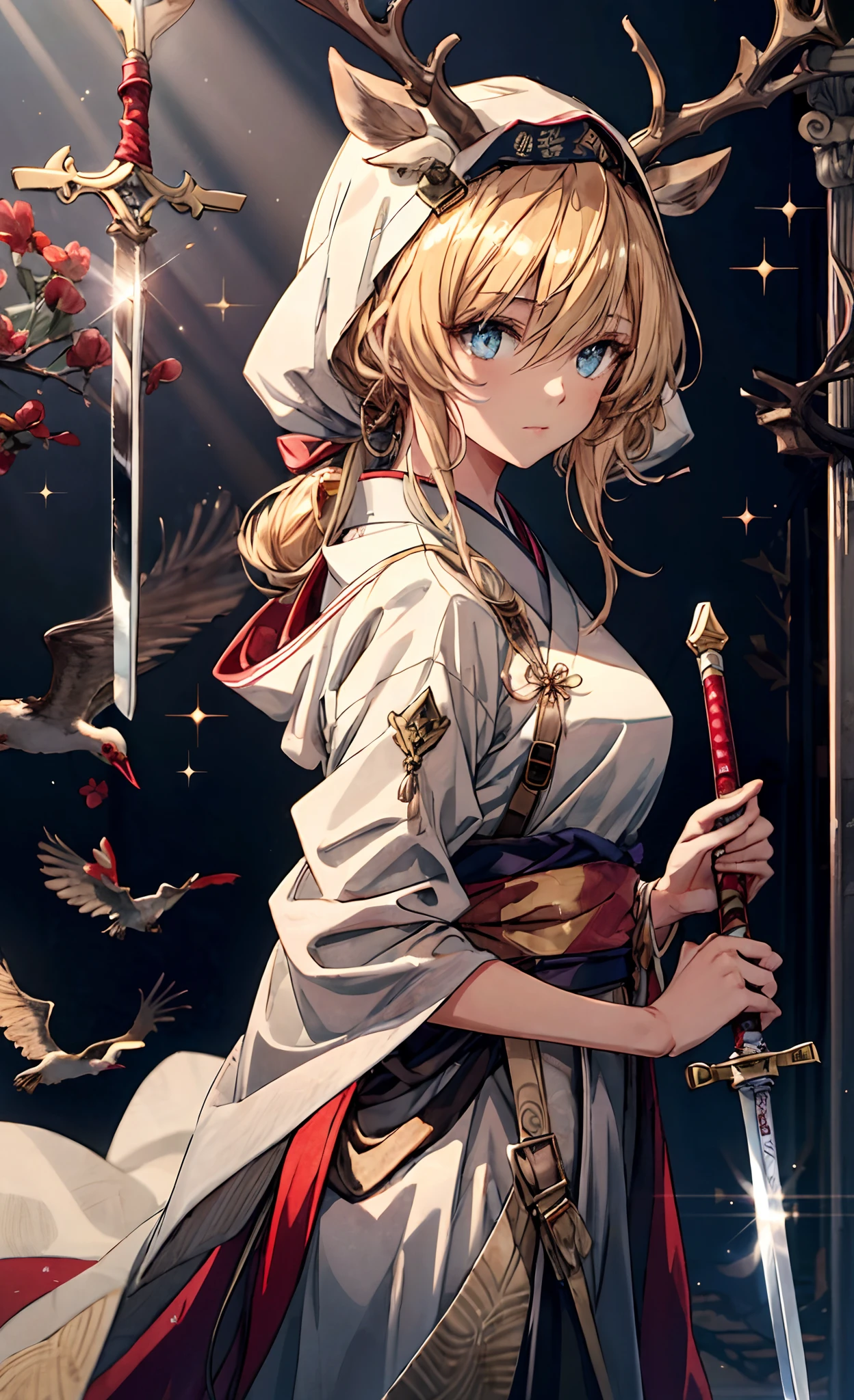 Masterpiece, Best quality, 1girll, Golden hair, blue color eyes, Female swordsman walking, Dutch angle, Cinematic, voluminetric lighting, rays of sunshine, Soft lighting, mistic, magical, rim lit, fantasy, Sparkle, glimmering, Ponytail hairstyle, Hanfu, Carrying a sword on his back, Ancient China, White and yellow clothes, Bird, The crane, Long hair, thick eyebrow