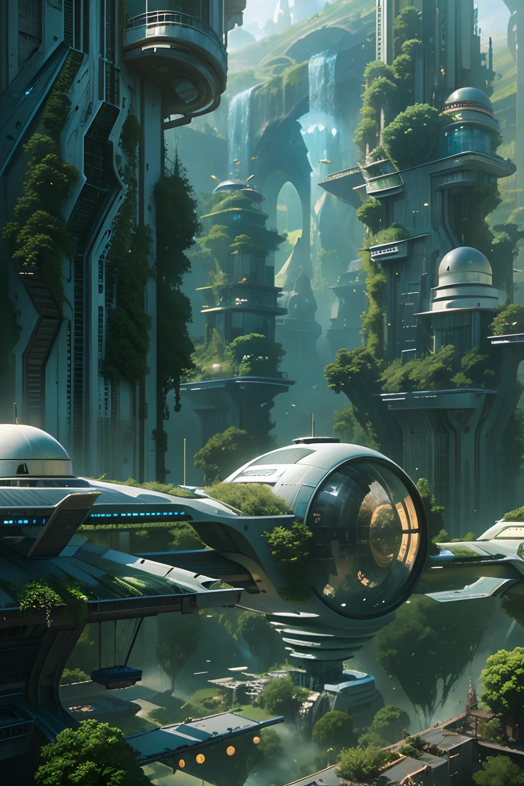 tmasterpiece，16k，UHD resolution，Detailed depiction，photorealestic，realisticlying，Very realistic，Foto realism, The ultra-detailliert, ((Future girl by the window))，green plant，Small flying machines sail around the city，Futuristic city with futuristic train and futuristic architecture， future concept art， Other future cities， in fantasy sci - fi city， Beautiful futuristic city， Utopian cities of the future， Conceptual image 16K resolution， concept art 8k resolution， The future city， futuristic space port， Conceptual diagram 16K， sci-fi hollywood concept art